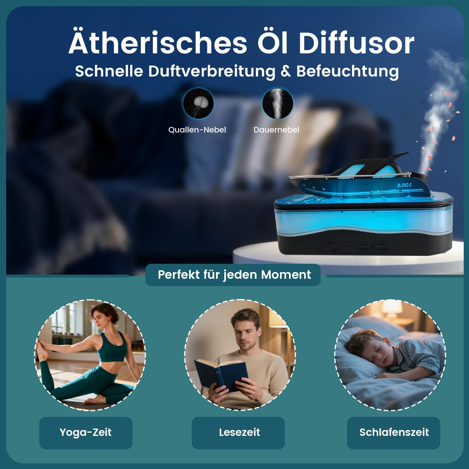Umidificatore, Cool Yacht Aroma Diffusore con telecomando e 7 colori luce, 150 ml, umidificatore ad ultrasuoni, camera da letto con spegnimento automatico e timer, 3 modalità di aromaterapia per casa
