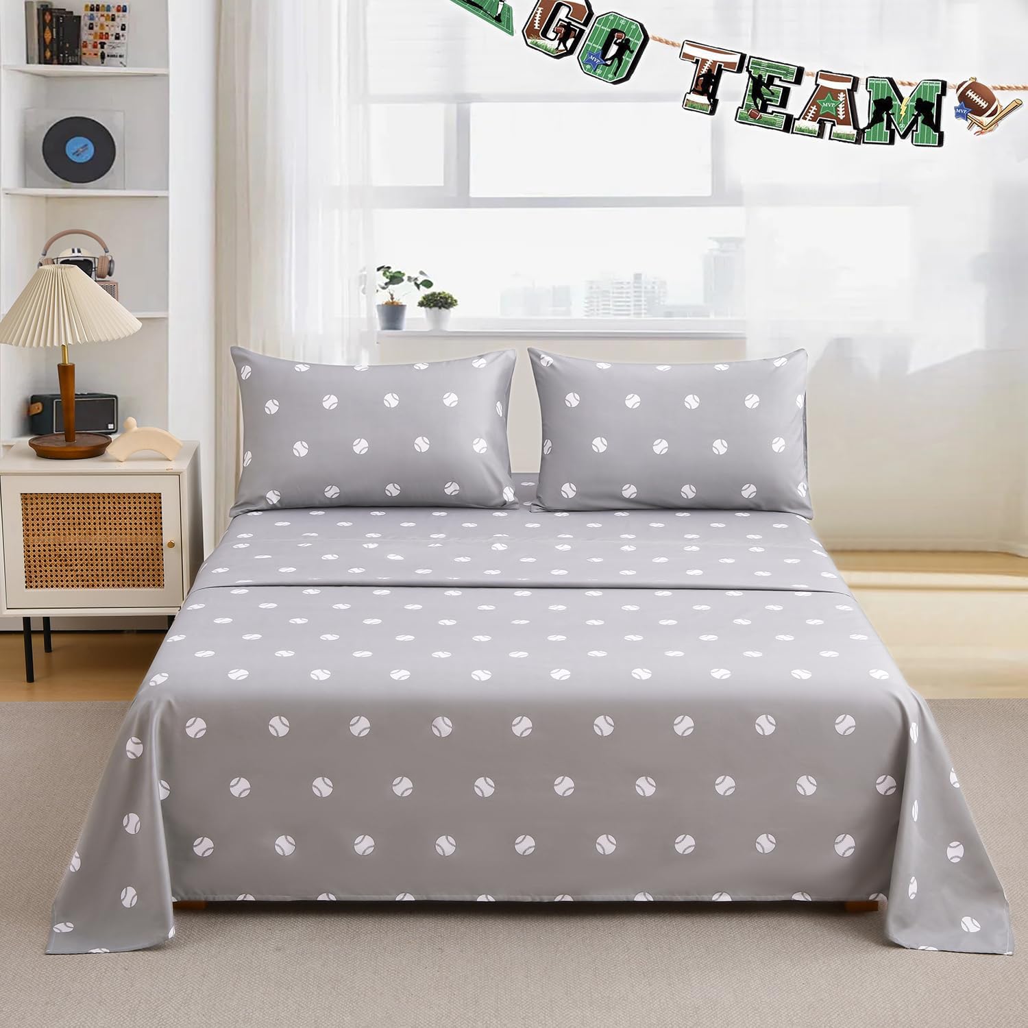 Chezmoi Collection 4-Piece Kids/Teens Sports Sheet Set - Soft Microfiber Gray White Baseball, Full Size