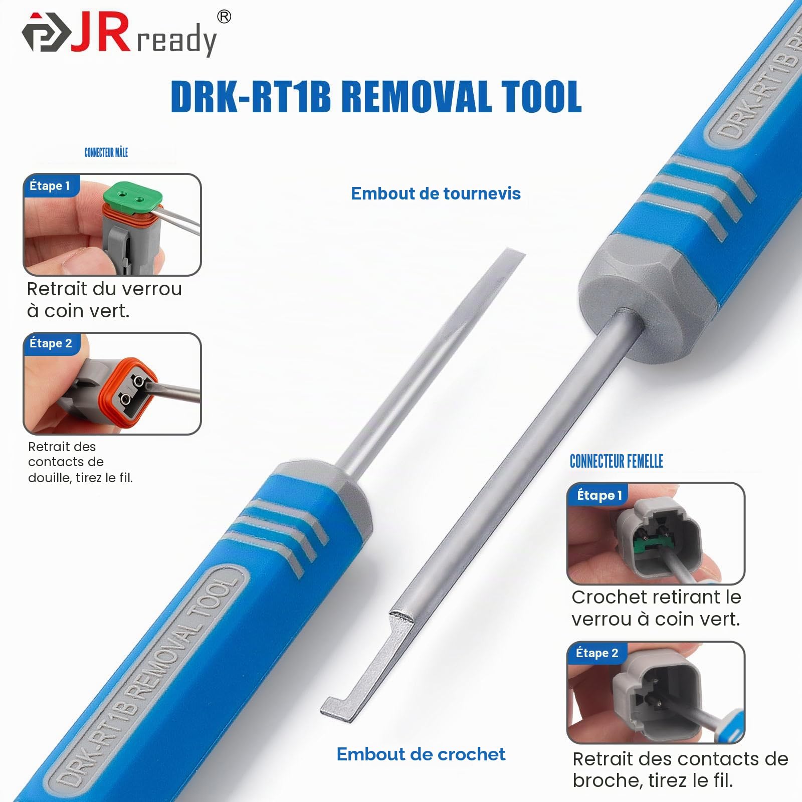 JRready ST5231-08 Kit d'outil d'extraction d'épingle allemand Pour 12# 16# 20# Contacts solides & estampés 10-22 AWG Outil de déverrouillage connecteur automobile Pour connecteur allemand