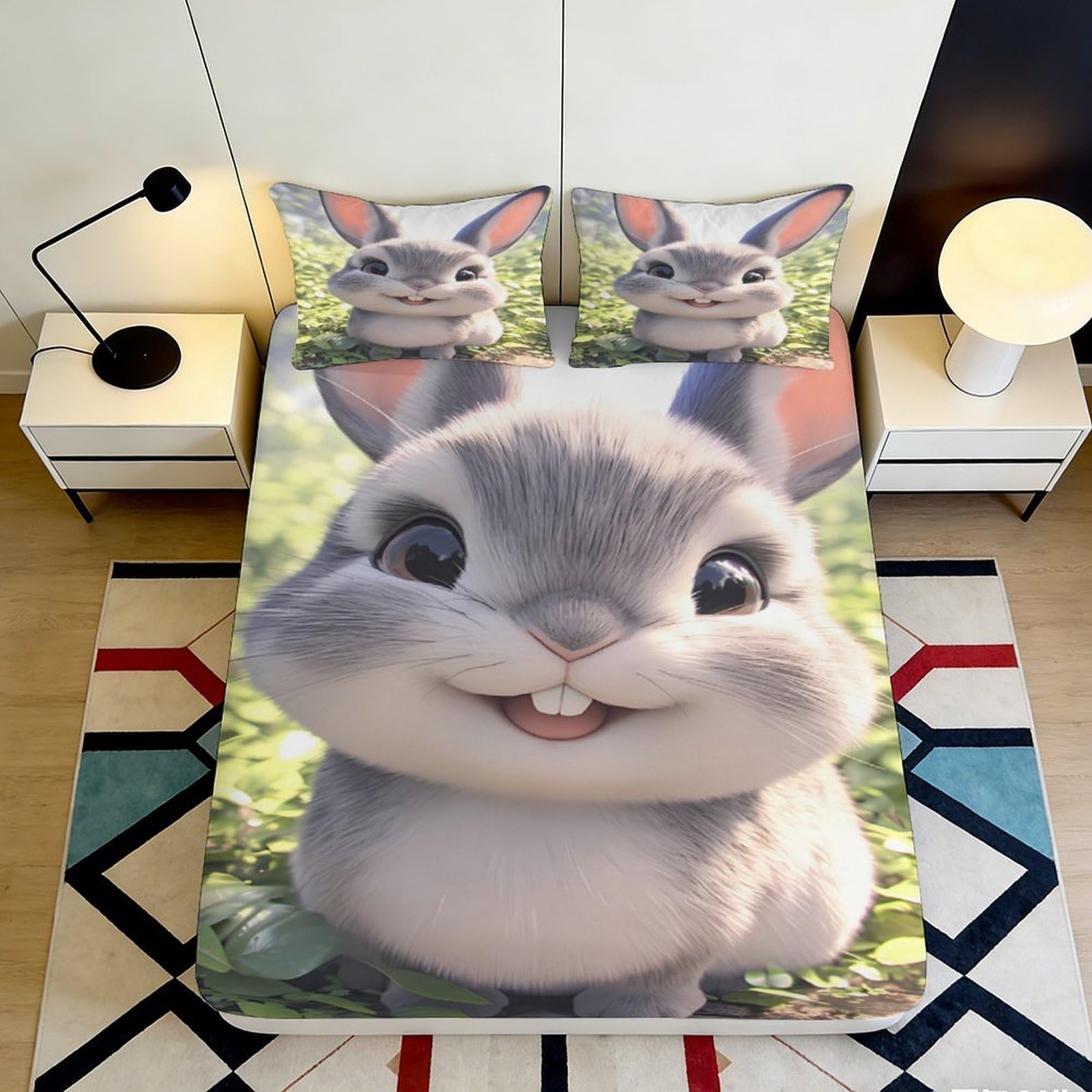 3D Printed Cute Bunny Fitted Sheet Microfiber Soft Touch Cartoon Rabbit Mattress Cover for Bedroom Guest Room Decor 90x200x25cm