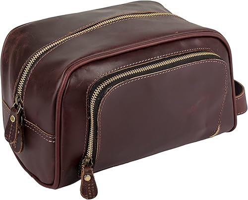 Tuzech Bolsa de aseo de piel auténtica hecha a mano, kit de afeitado y aseo para viajes, regalo para hombres y mujeres, bolsa de maquillaje con