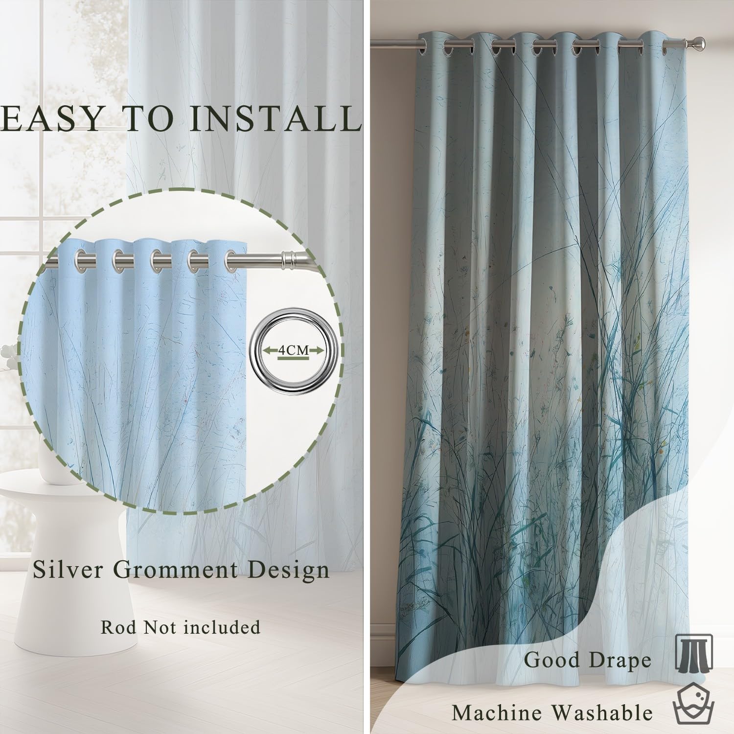 Generisch Vorhänge Blickdicht 2er Set 245 x 175 cm - Knitterfrei Gardinen vorhänge Frisch Pflanzen Gras Blau Extra Breit mit Geräuschminderung mit Ösen für Schlafzimmer und Wohnzimmer