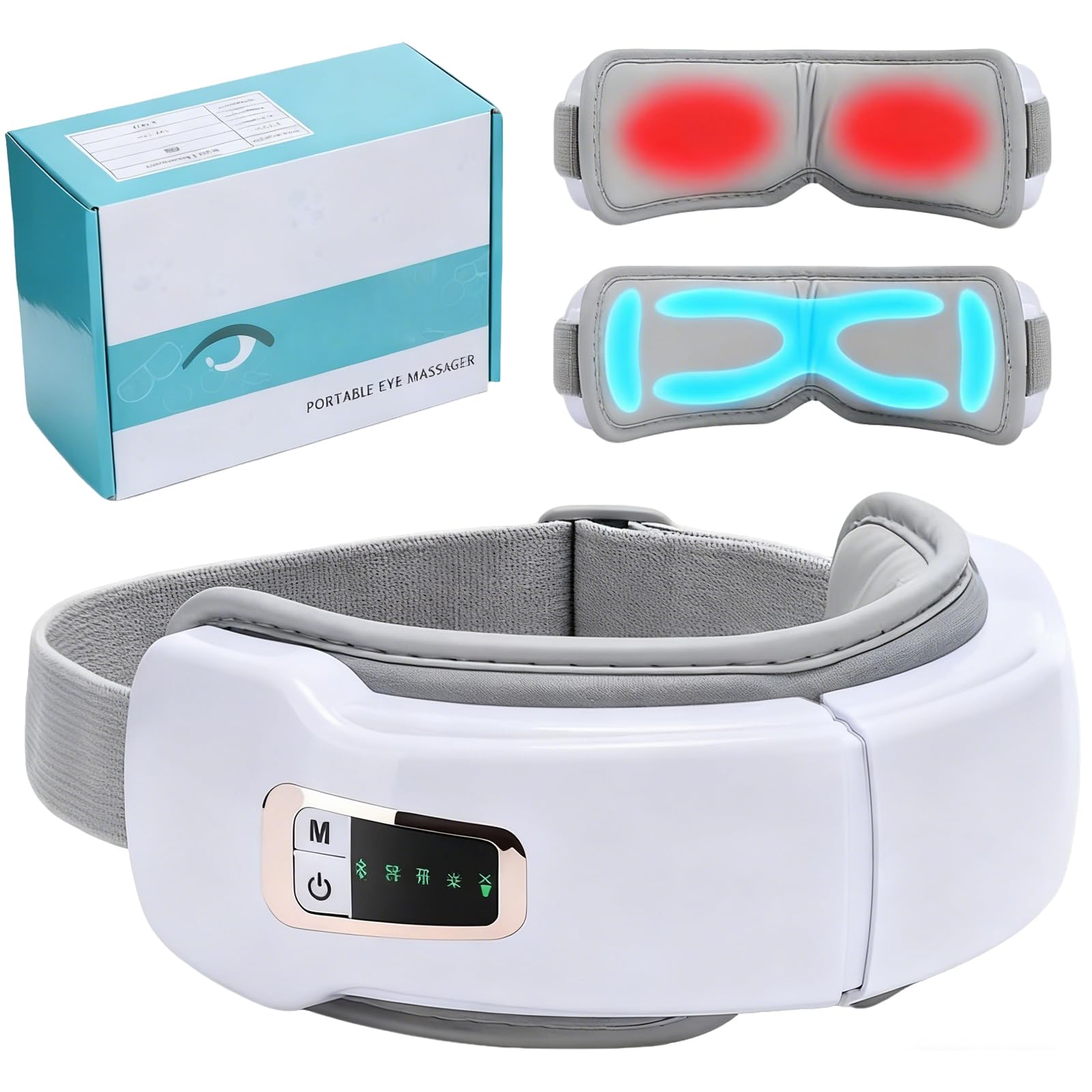 Masajeador de ojos 4 en 1 con calor y Bluetooth, antifaz eléctrico - 5 modos, 3 niveles de temperatura y masaje de presión de aire - Batería de 1200 mAh para viajes y oficina - Contra la fatiga ocular