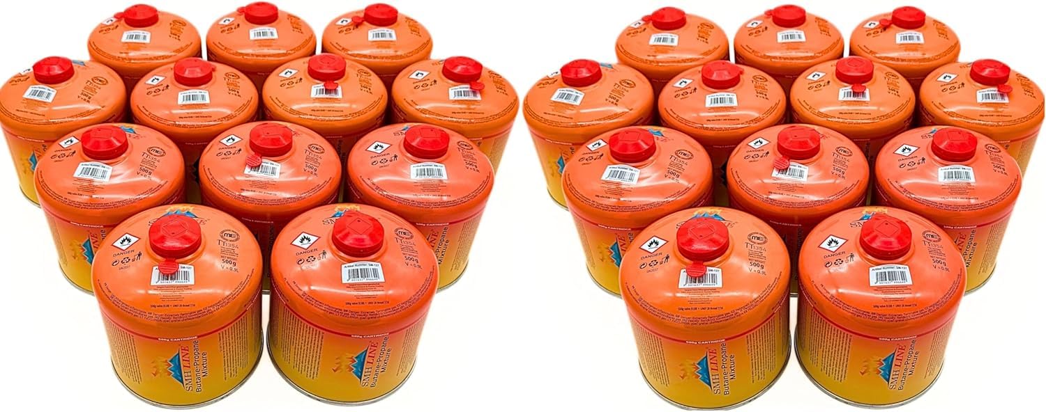 SMH LINE® 24x 500g Butan Schraubkartusche Universalgewinde 7/16 Gaskartuschen Ventilkartusche EN 417 Gewinde Ventil Bunsenbrenner Propan Mix Campingkocher Gaskocher Gasheizung Lötbrenner