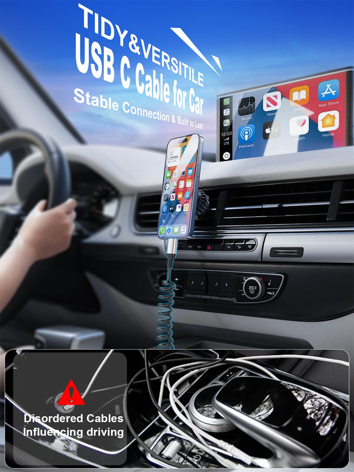 Cable en espiral USB C a USB C de 3 pies, paquete de 2 cables USB C retráctiles para coche, cable de carga rápida tipo C compatible con iPhone 17/16/15, Samsung Galaxy S25 S24 S23, Pixel 10 9