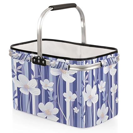 Kizmoglux Lily Flower Stripes Collapsible Market Basket, Foldable Picnic Basket - Large Shopping Basket with Handles, Portable Folding Bag for Shopping Camping Picnic