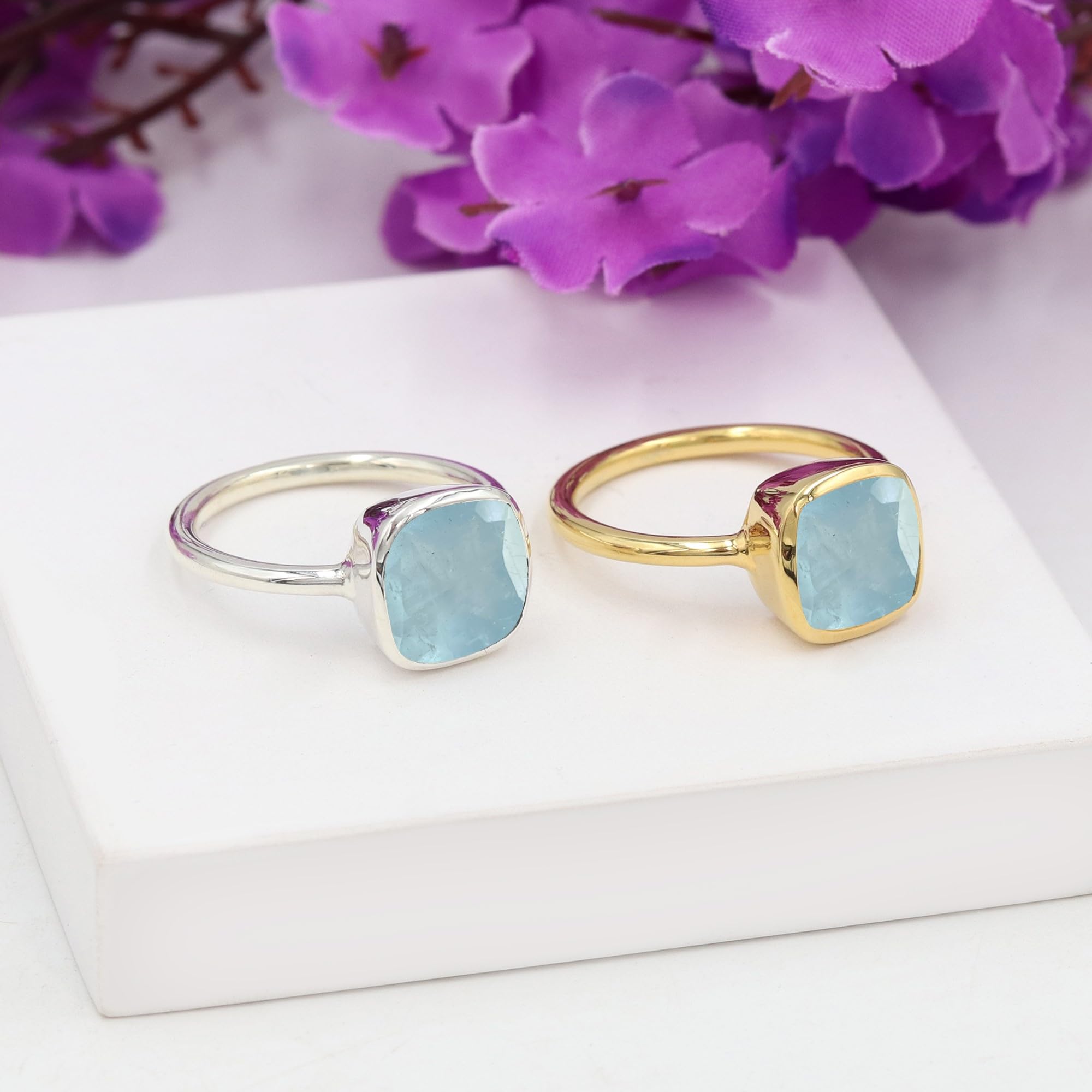 Anello da uomo, con acquamarina, anello in argento, anello in oro, anello da uomo, 10 mm, con pietra preziosa acquamarina quadrata per lui, anello minimalista