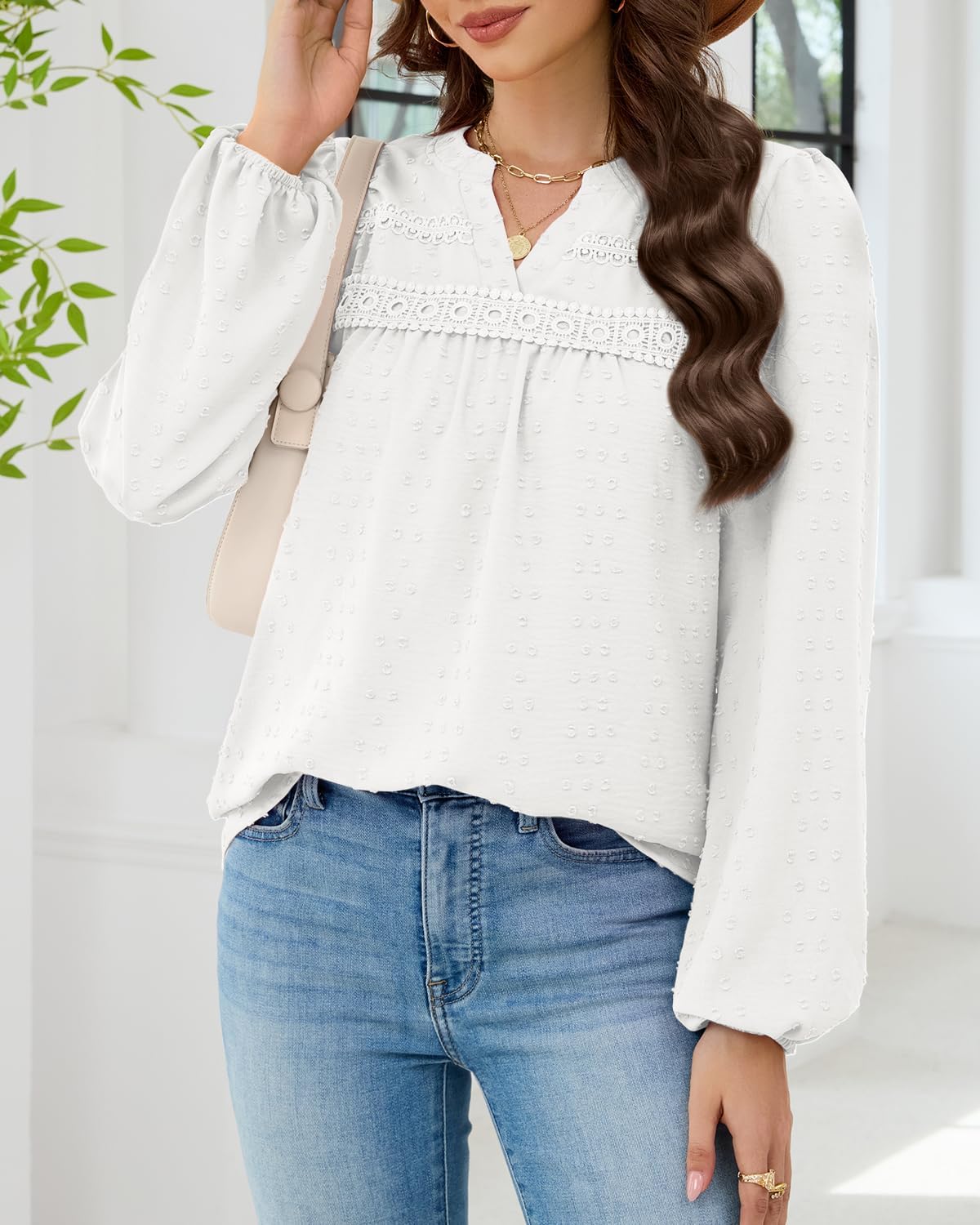 HEYTALALA Womens Fall Tops Long Sleeve Shirts Swiss Dot V Neck Pleated Tunic Dressy Casual Blouses Boho Clothing 2025