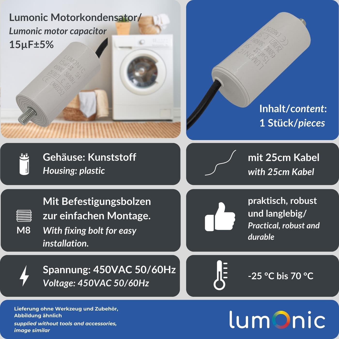Lumonic Kondensator rozruchowy 15µF 450V | z Kabel I 34x70mm I 15uF I Kondensator silnikowy z plastikowa obudowa I Kondensator operacyjny I do pomp, kosiarek, narzedzi