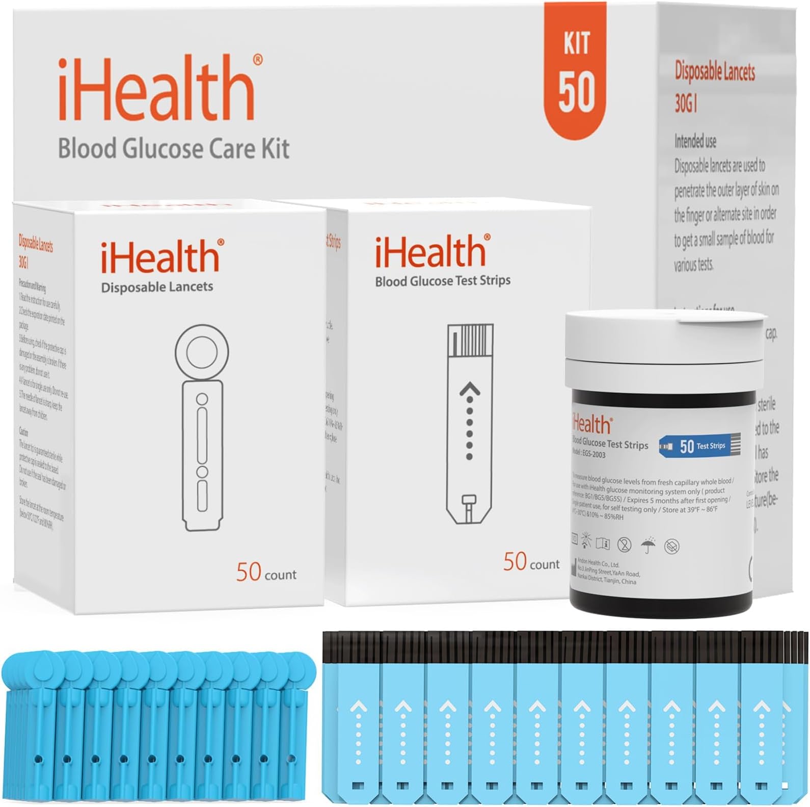 iHealth Blood Glucose Test Strips 50 Count, Lancets for Diabetes Management 50 Count, Compatible with iHealth Blood Glucose Monitor Only