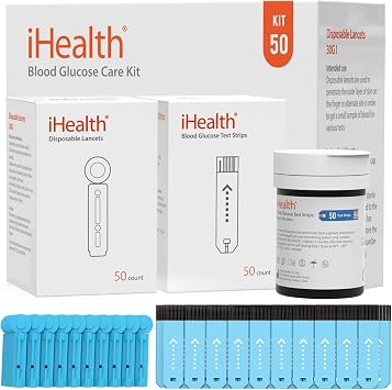 iHealth Glucose Test Strips & Lancets, 50 Each, No Coding | Compatible with iHealth Meters Only, 0.7 L Sample, 5-Second Results, Easy Home and Travel Testing, Blood Sugar Test Strips