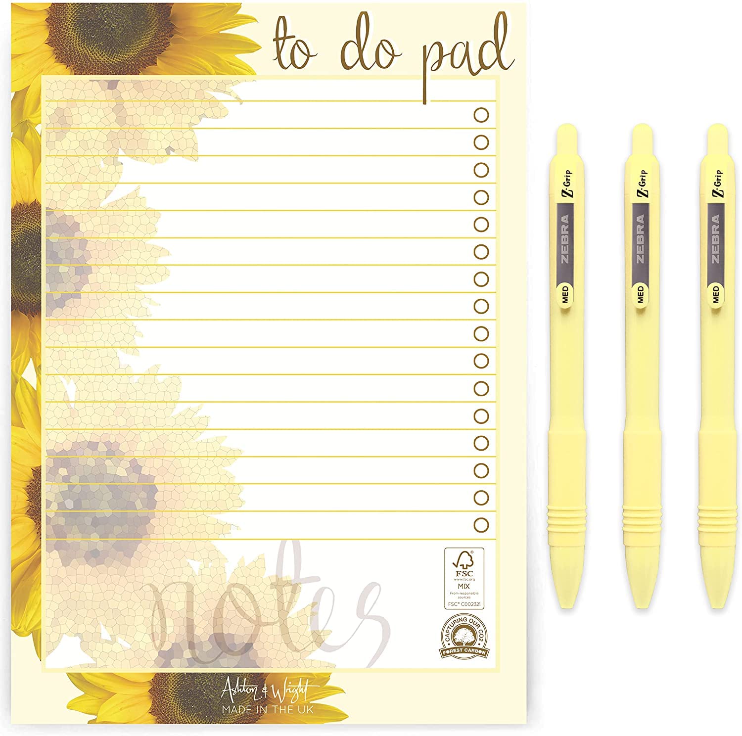 Ashton and Wright - Daily to do Pad - A5 Floral Sunflower Desk Planner Organiser with 3 Pastel Yellow Smooth Z-Grips