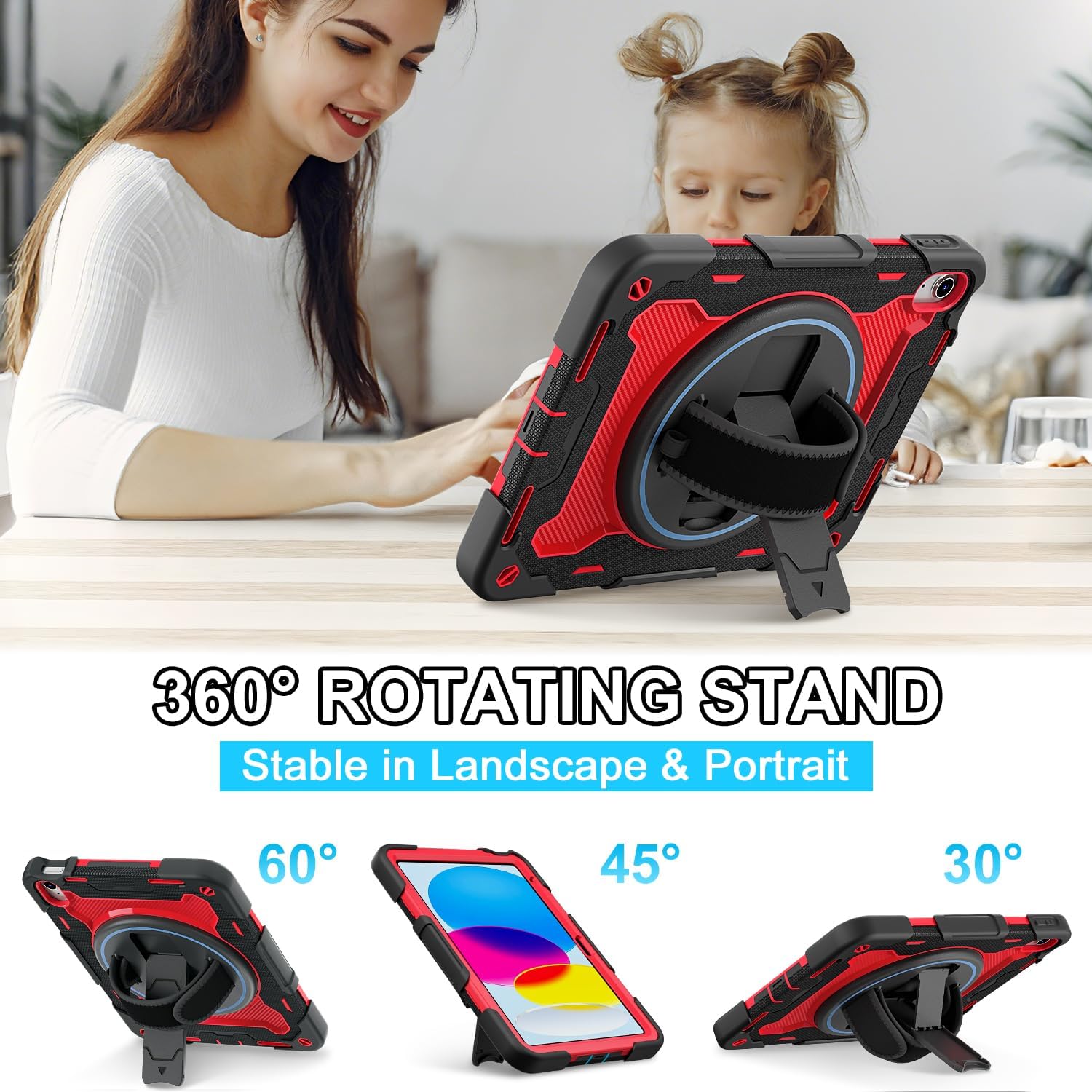 Case for iPad (A16) 11th/10th Generation 11''/10.9'' 2025/2022, Full-Body Shockproof Protective Cover with Screen Protector, 360° Rotating Stand and Hand/Shoulder Strap, RED/Black