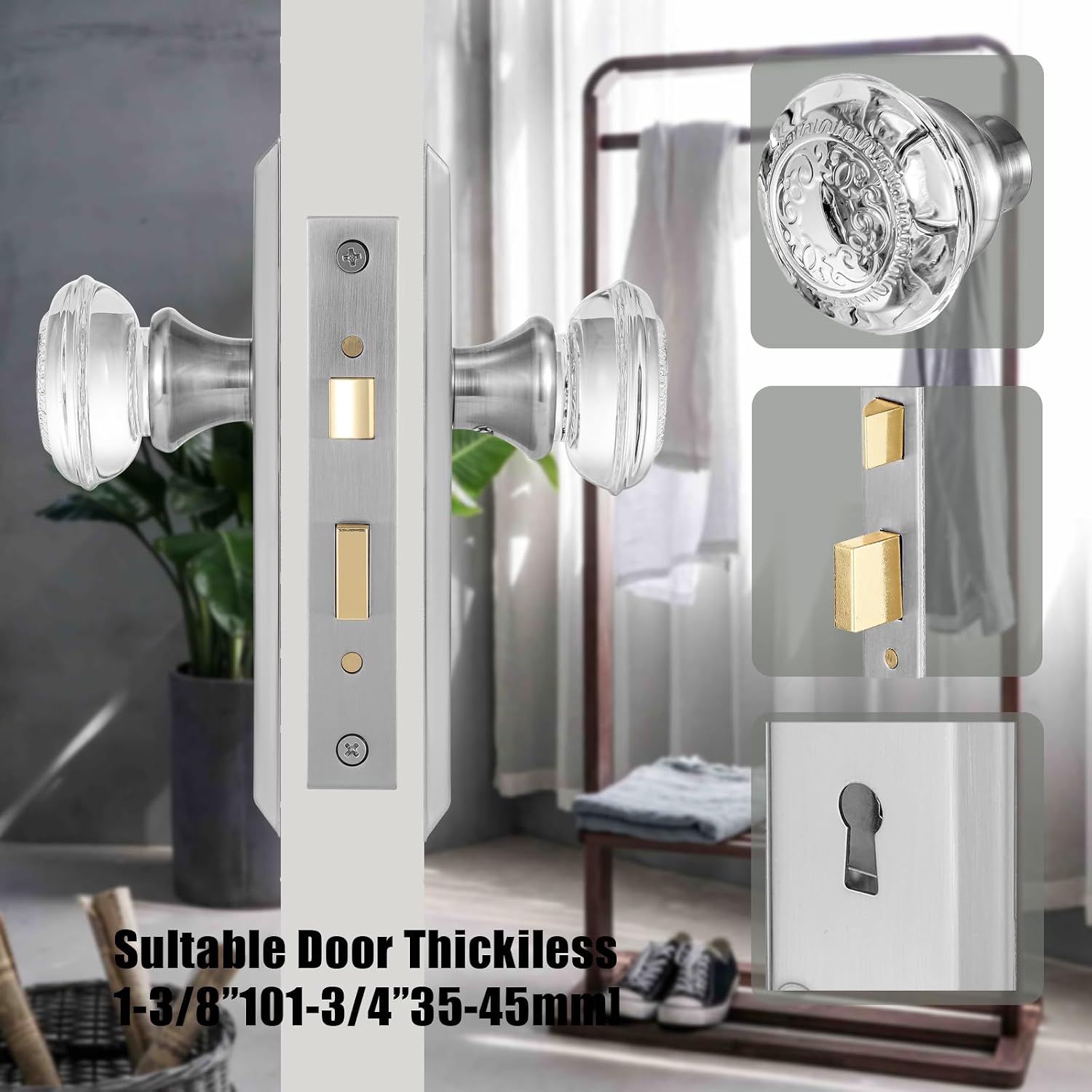 Mortise Lock Set Interior Door, Crystal Glass Door knobs Interior,Old Style Door Knob Replacement, Vintage Antique Door Lock with Skeleton Key,Brushed Nickel Finish