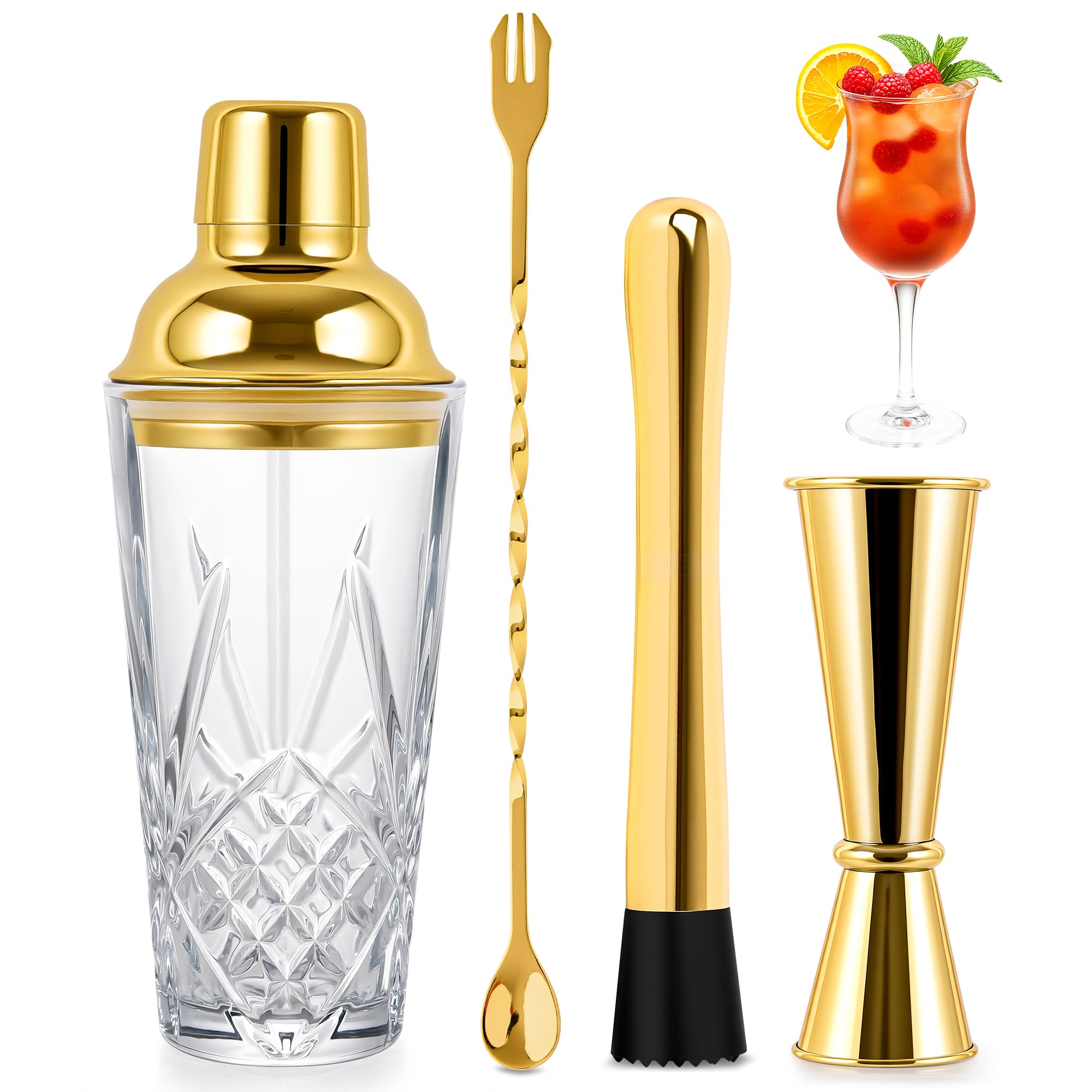 Premium Glass Cocktail Shaker Set with Gold Lid for Home Bar & Cocktails