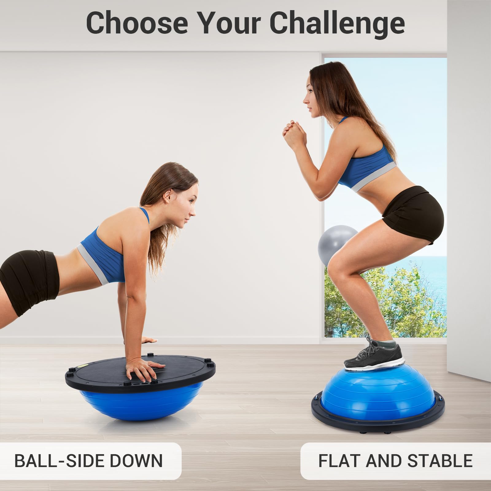 23/25in Balance Ball, 1600 lbs Half Exercise Ball with Nonslip Base, Inflatable Half Ball Balance Trainer, Stability Half Yoga Ball Strength Training Equipment with 2 Bands, Pump, Extra Ball Included