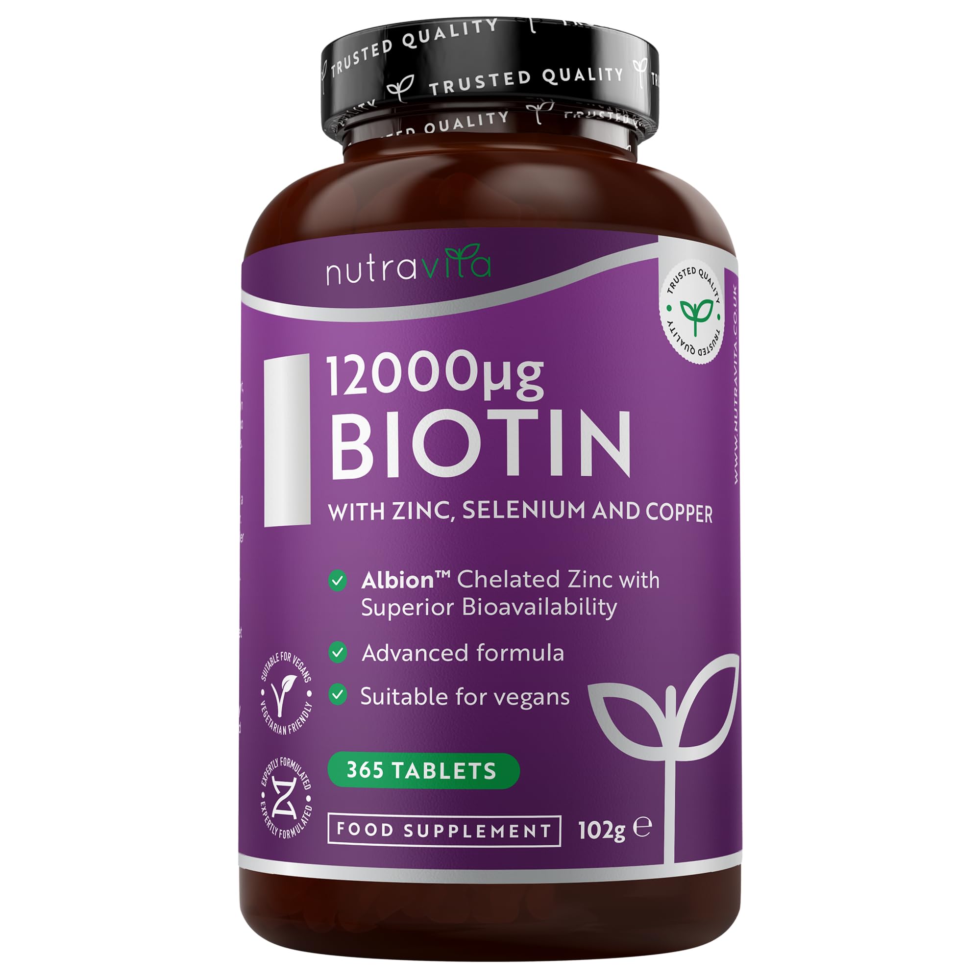 Biotin Hair Growth Supplement 12,000mcg with Zinc, Selenium & Copper - Full Year Supply 365 Vegan High Strength Biotin Tablets for Hair - Supports Hair, Skin & Nail Growth - Hair Growth - Nutravita