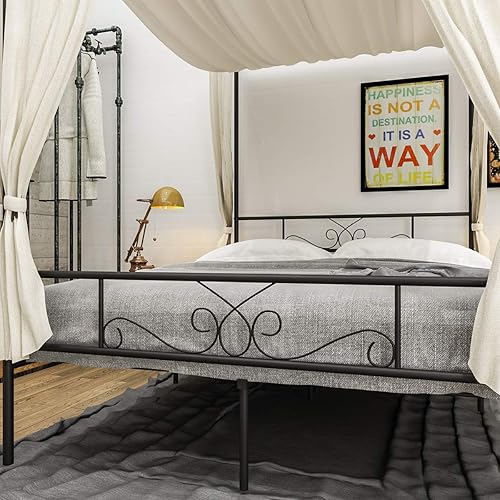 Miniatura 7 de Weehom Marco de cama con dosel completo con cabecero y estribo, marco de cama de metal con 4 carteles, no necesita somier, base de colchón para