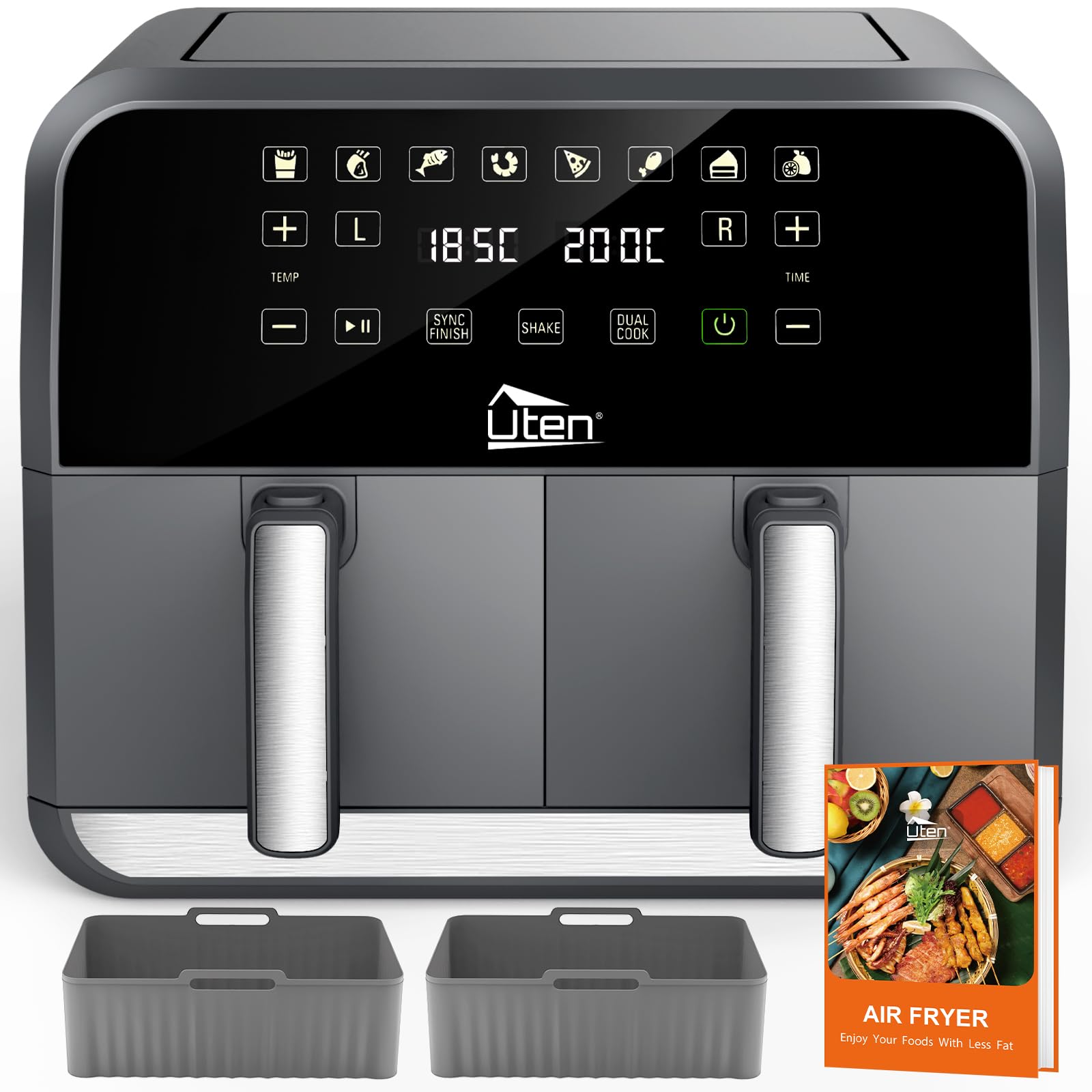 Uten Podwójna frytkownica na gorące powietrze, pojemność 8 l XL, Dual Zone Airfryer, z 2 silikonowymi podkładkami, 114 przepisów, specyfikacje gotowania, cyfrowy wyświetlacz z SYNC FINISH,