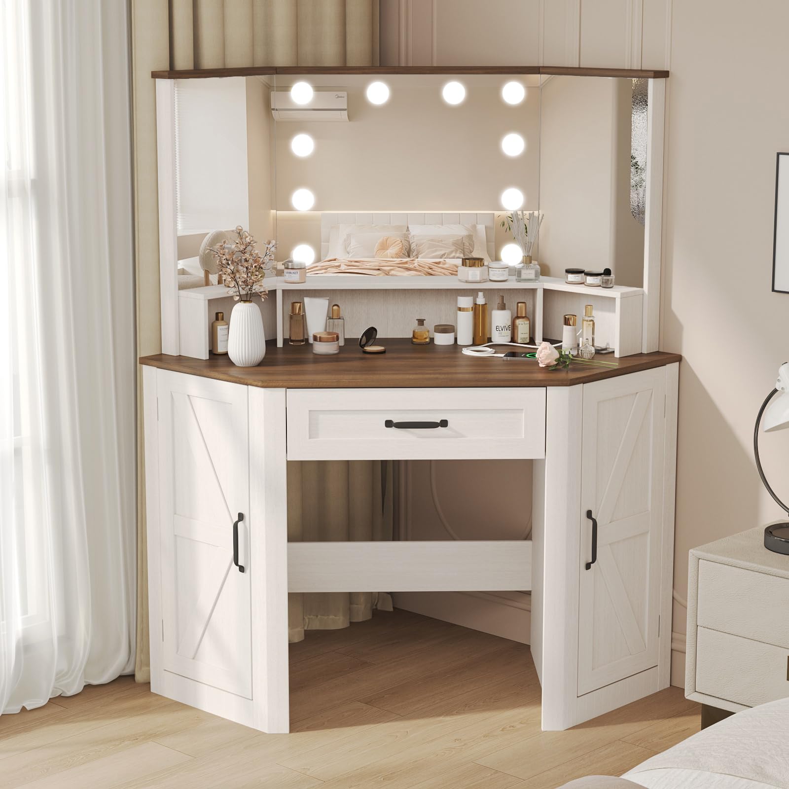 Corner Vanity Desk with Lighted Mirror & Charging Station, Large Storage Makeup Table with Drawers & Shelves, White