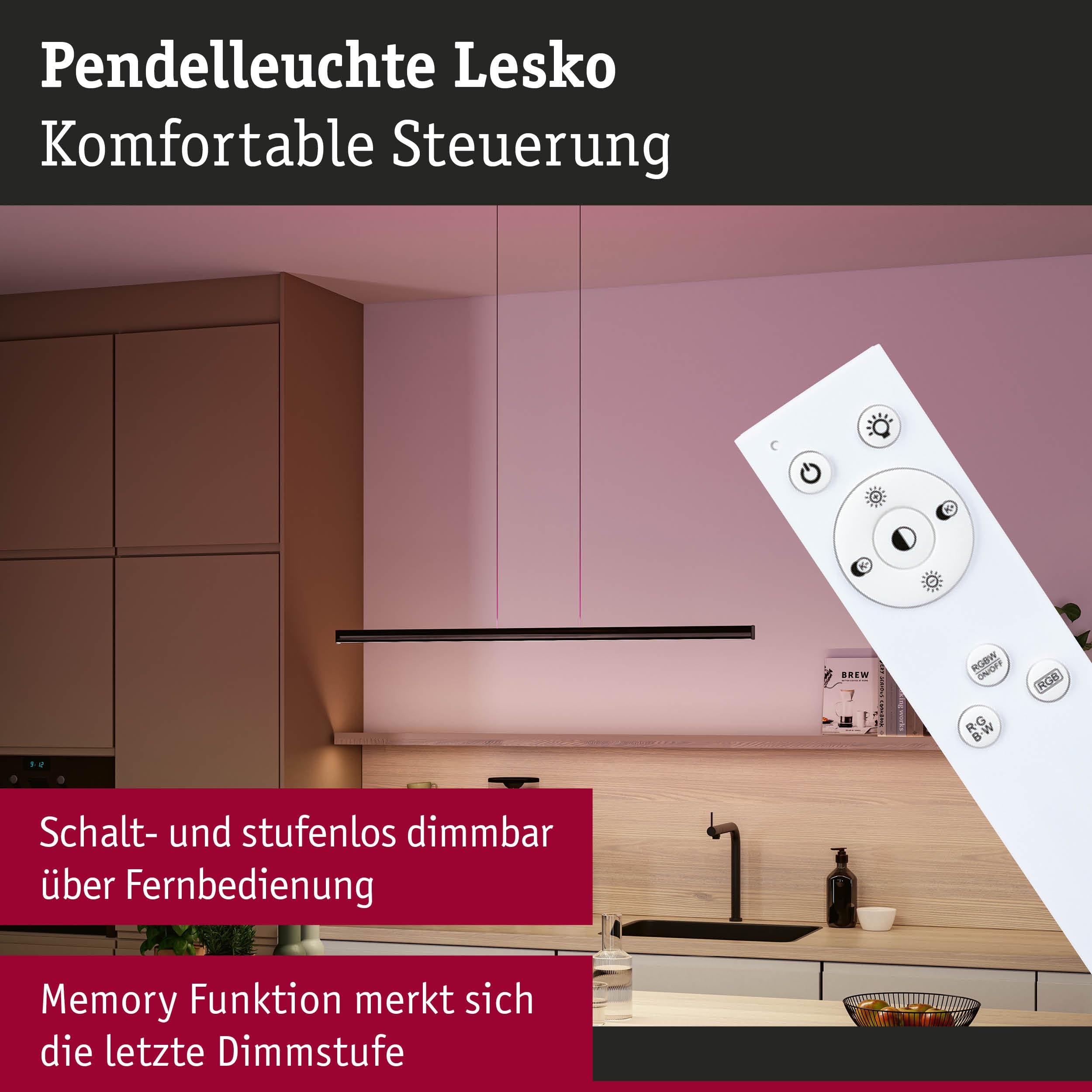 Paulmann 78477 LED Pendelleuchte Lesko RGBW+ dimmbar 2300lm / 370lm 19W / 3W Schwarz matt