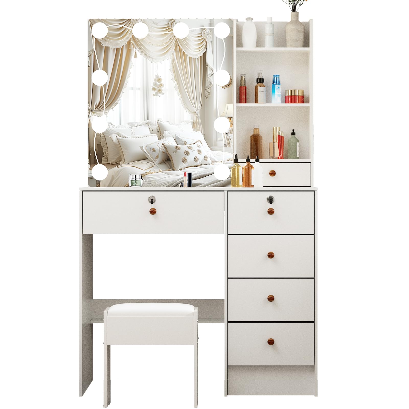 LIANWANG Make-uptafel met ledverlichting, kaptafel met kruk voor make