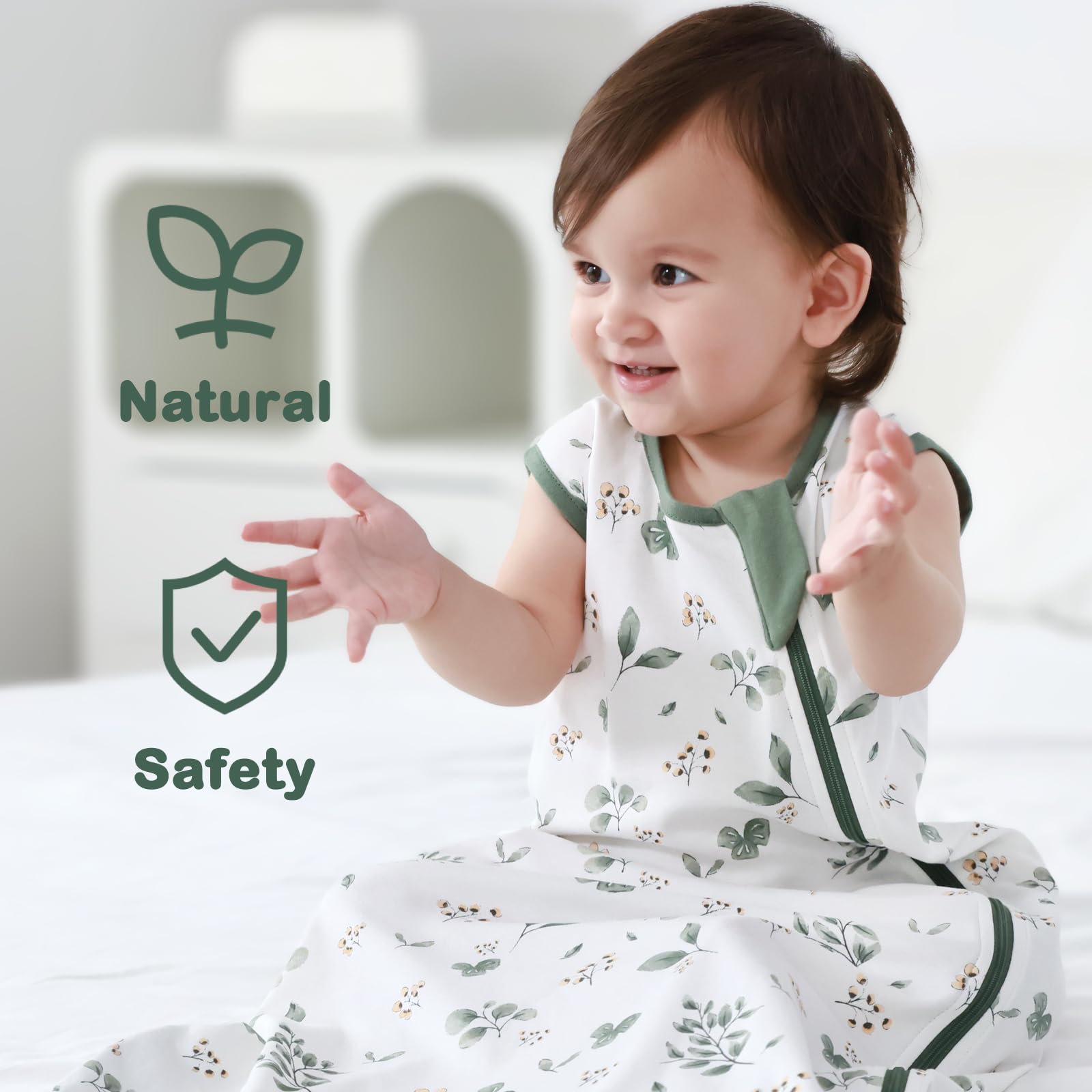 Mosebears 0.5 Tog Sacco Nanna in Cotone per Neonati, Estate - Per Bambini e Bambine(Dark Green&Plant,L(12-18 mesi))