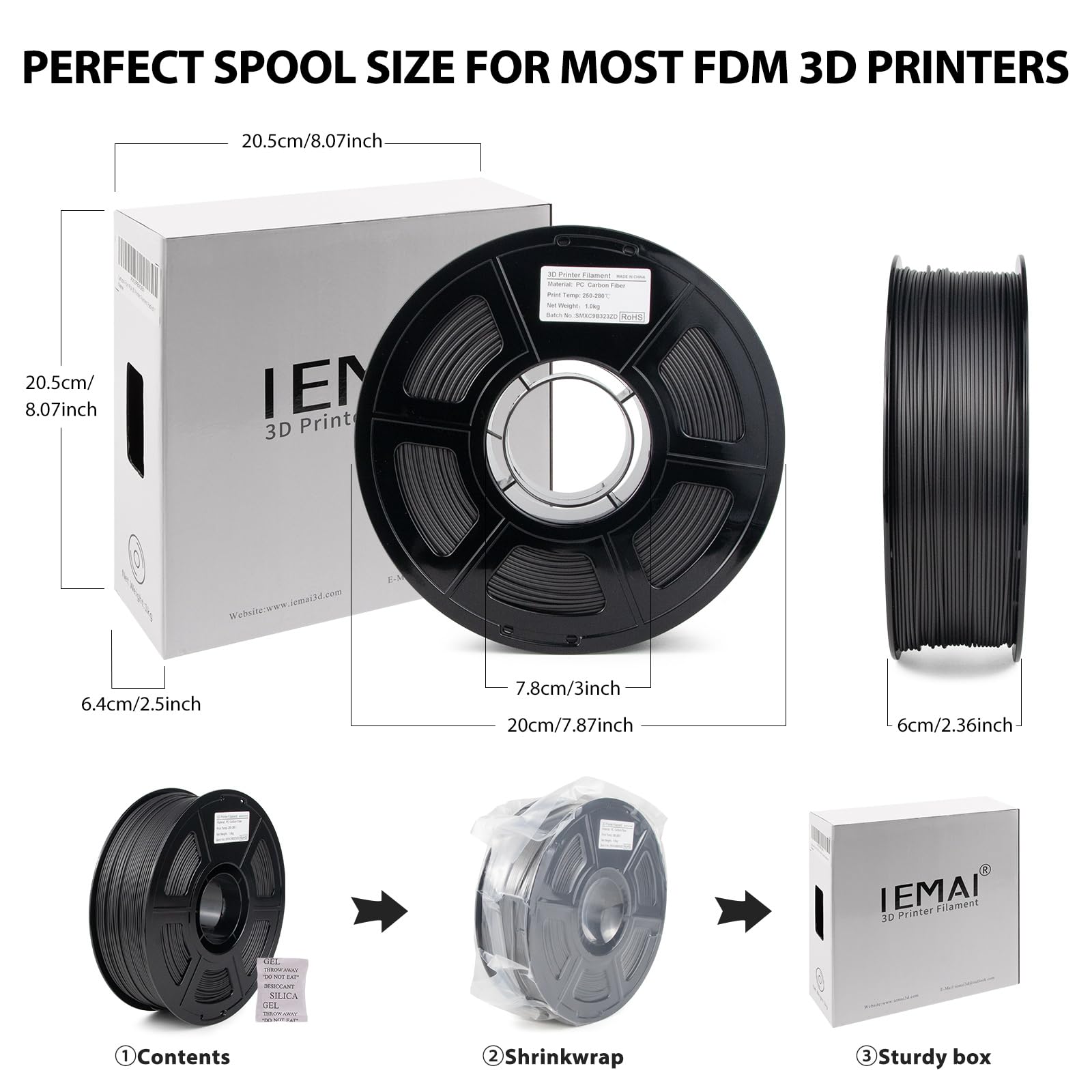 IEMAI Włókno węglowe poliwęglan 1 kg, czarny filament do drukarki 3D PC CF 1,75 mm z 20% włókna węglowego, dokładność pomiaru +/- 0,02 mm
