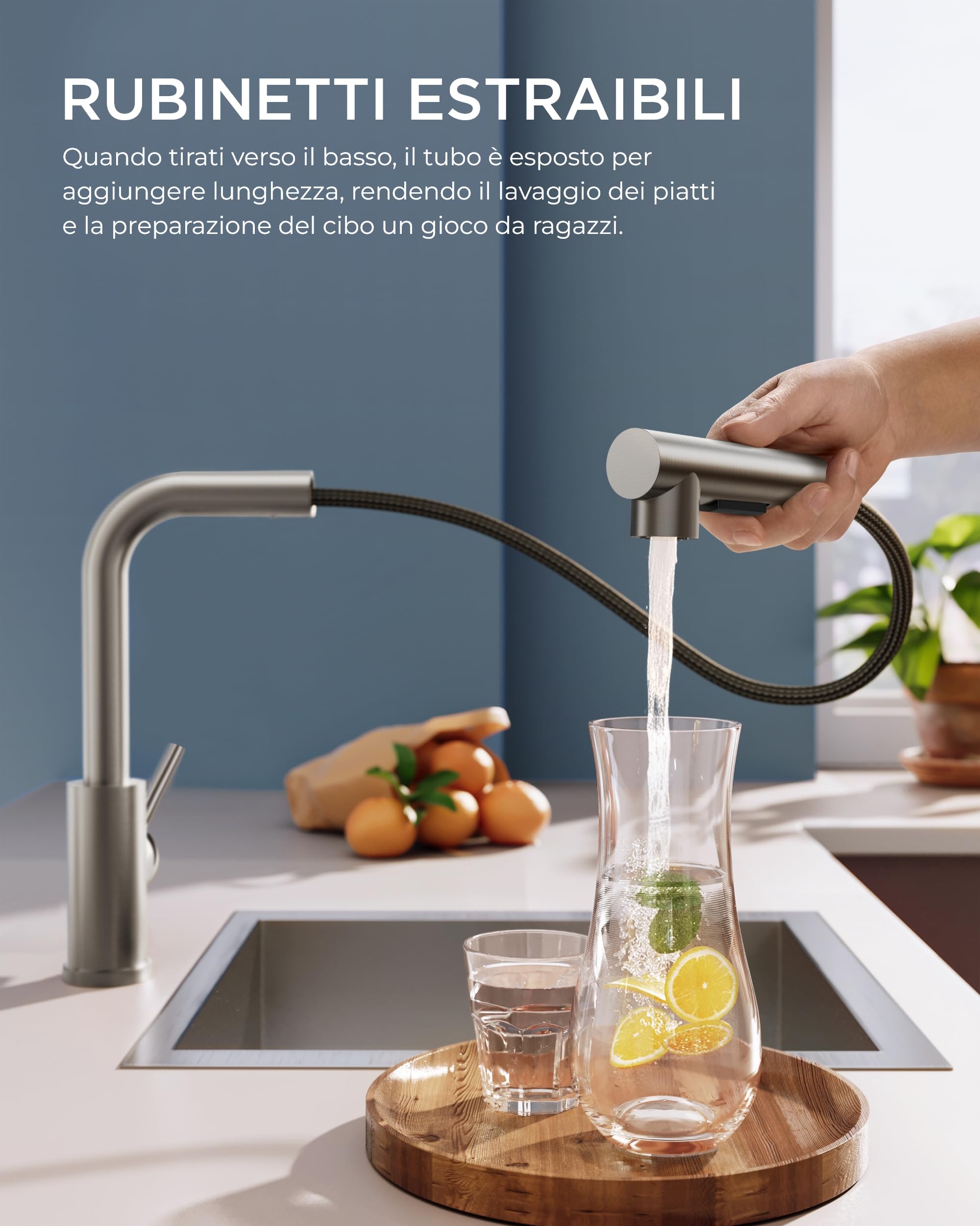 FORIOUS Rubinetto Lavello Cucina, Miscelatore Cucina con Doccetta Estraibile, 2 Tipi di getto e Girevole a 360°, A forma di L Acciaio Inox Maniglia Singola Rubinetto Miscelatore