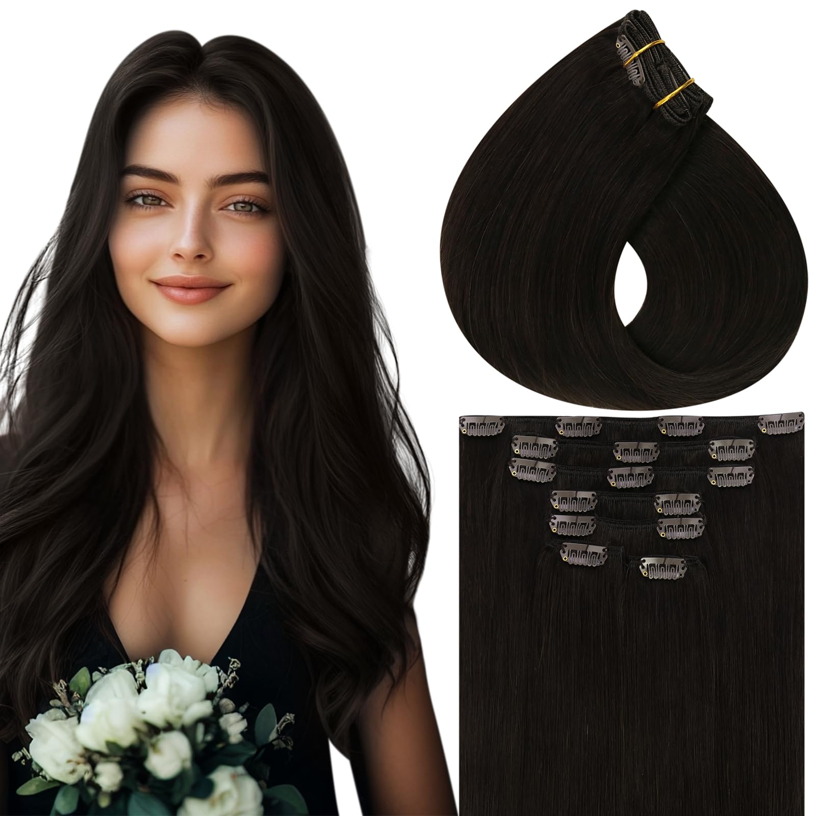 Vivien Brown Clip in Hair Extensions Darkest Brown to Light Brown Balayage Hair Extensions for Women Clip in Hair Extensions Human Hair 22 Inch 120g 7pcs #2/8/2 — view 12