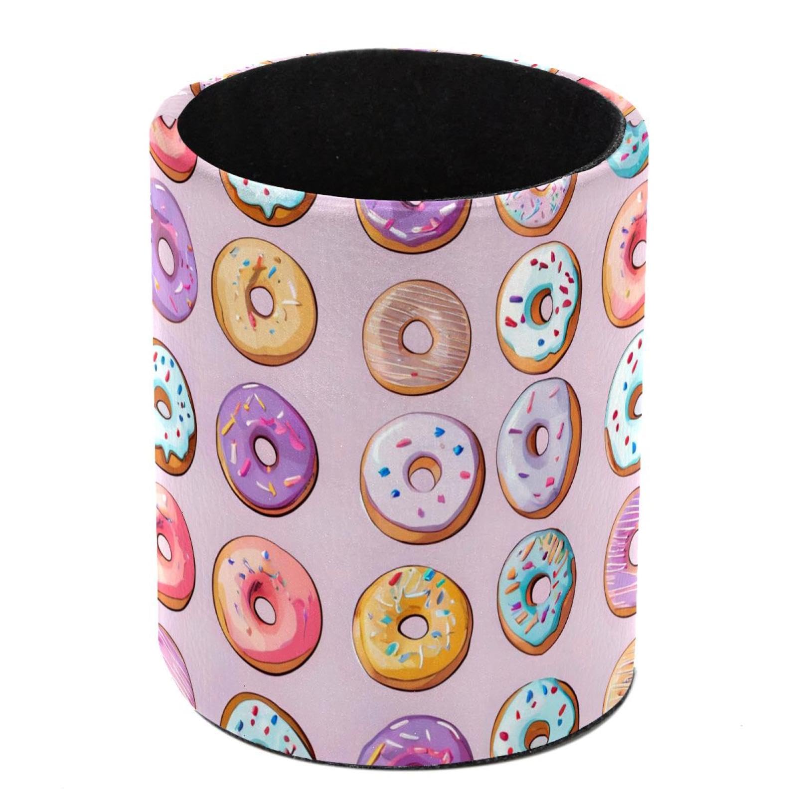 HEOEH Donuts Pattern Pen Holder for Desk, PU Leather Pencil Holder Pen Cup Marker Holder Makeup Brush Holders, Desk Accessories & Workspace Organizers for Home, Office
