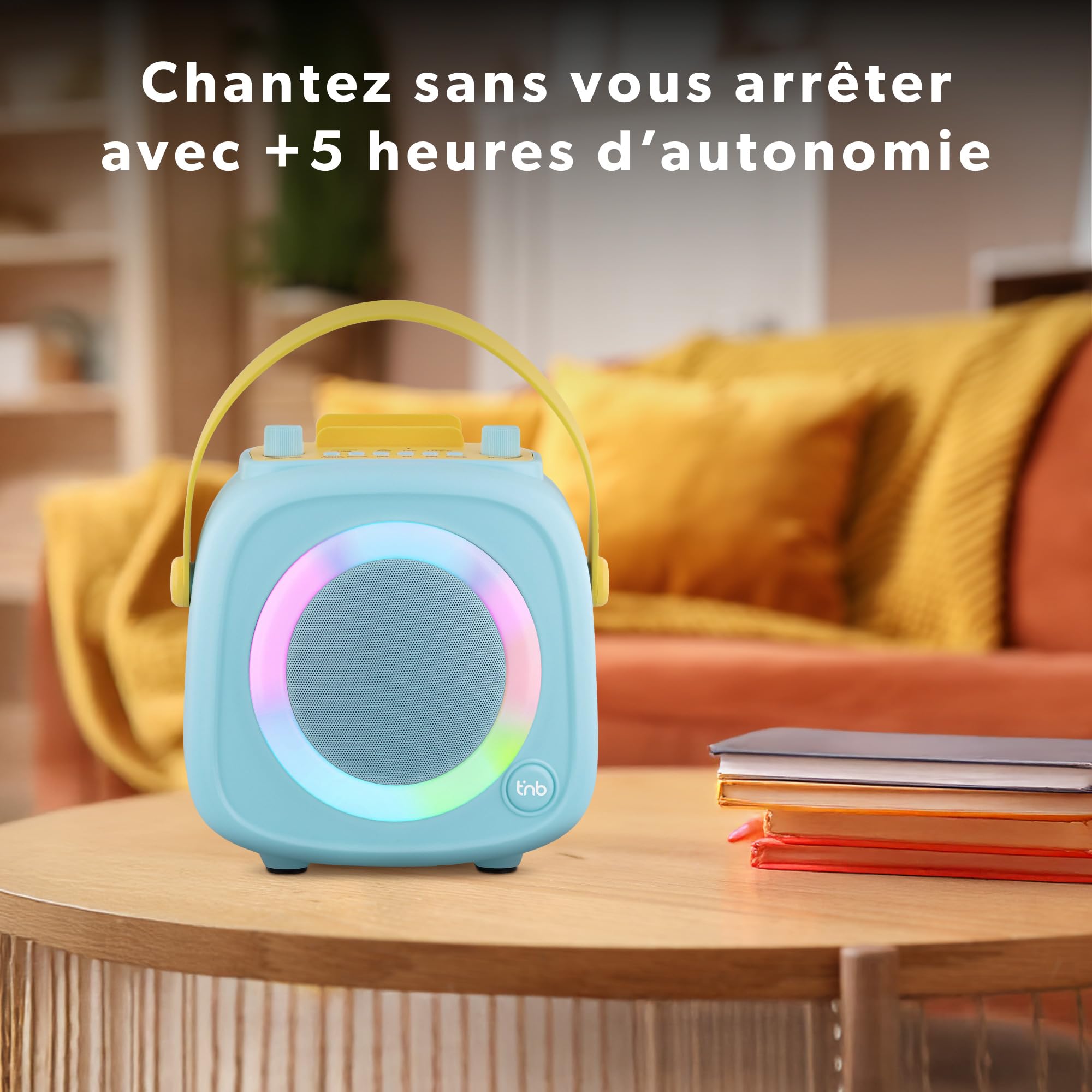 T'nB - Enceinte Bluetooth Karaoke, Idée Cadeau Noel, 2 Microphones sans Fil, 5 Effets Vocaux, Anneau Lumineux RGB, USB et Jack 3,5 mm, Poignée de Transport, Autonomie 5 h, Système Portable - Bleu