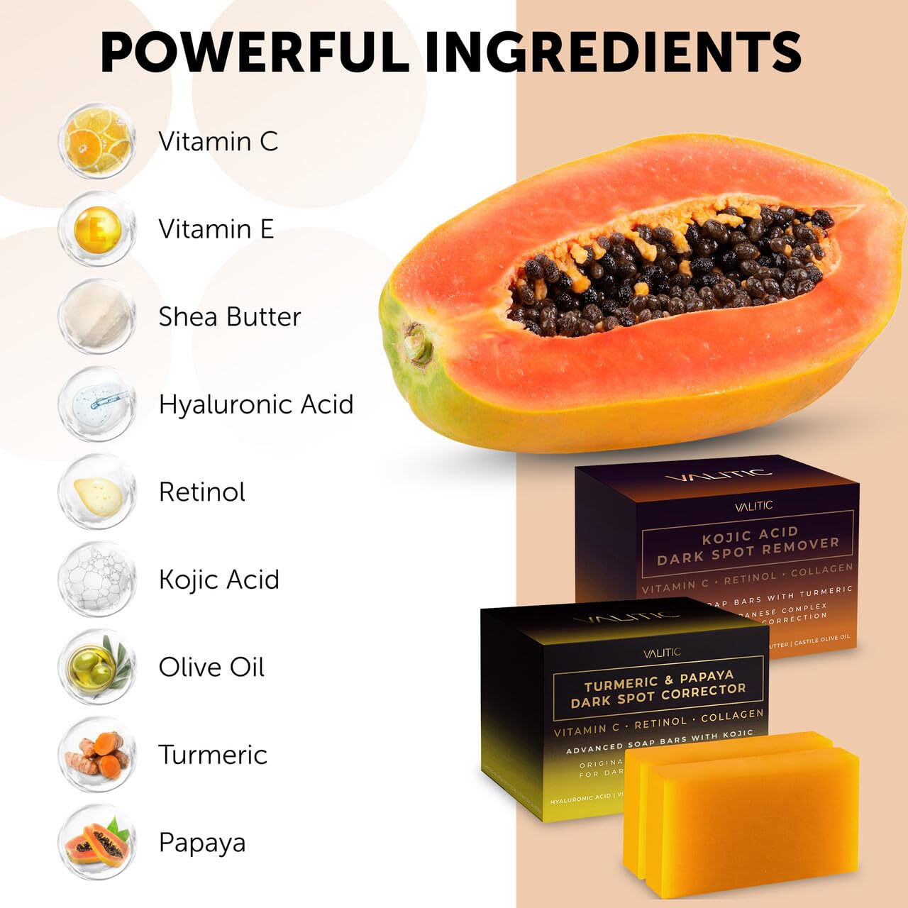 VALITIC Papaya and Turmeric Kojic Acid Soap Bar - Dark Spot Corrector Skin Care Cleansing Bar - Infused with Vitamin C, Hyaluronic Acid, Collagen - Papaya 2 Pack, Kojic 2 Pack - Image 6