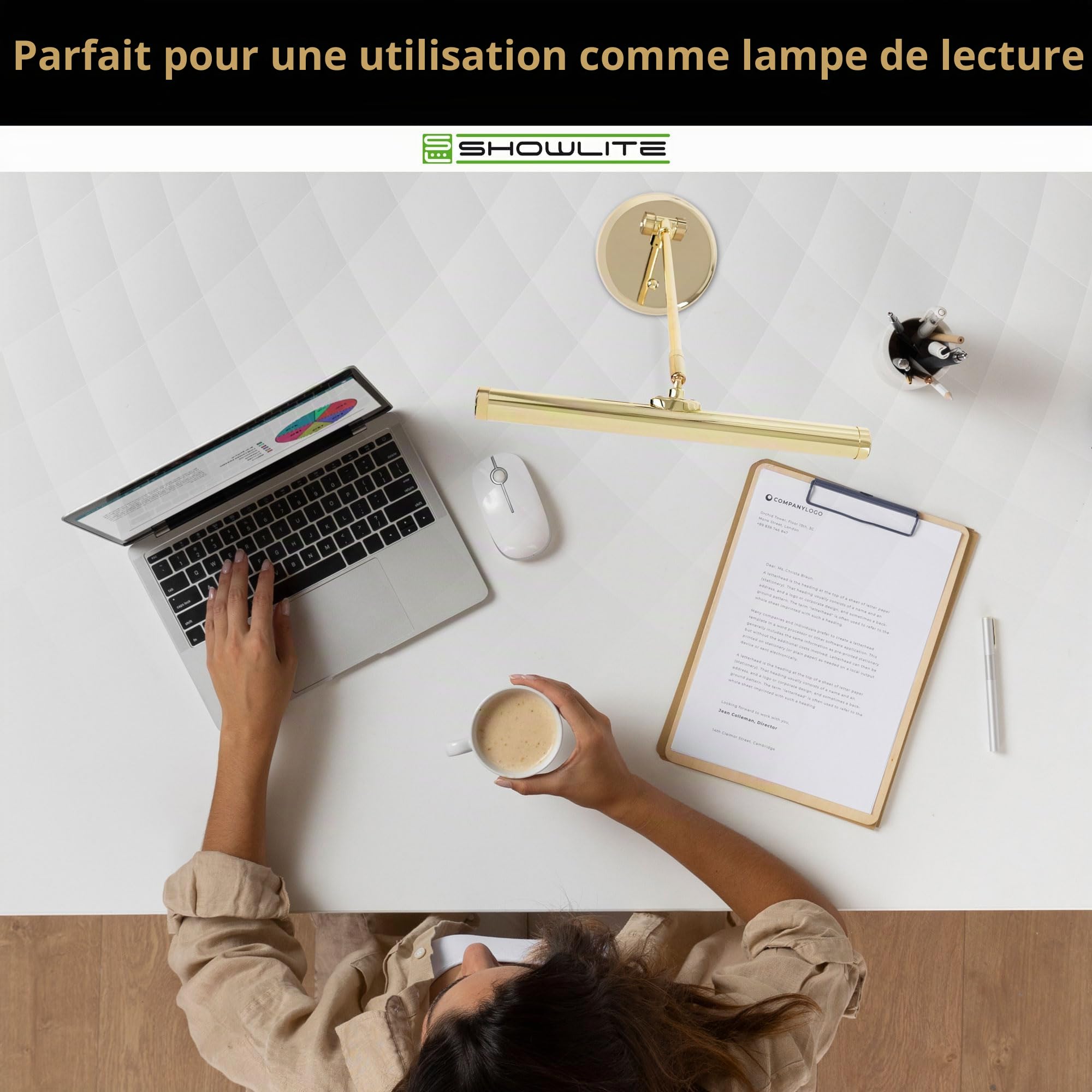 Showlite PL-1-GD-WW Lampe LED pour Piano - Lampe de Piano avec 15 LEDs - lumière blanc chaud en 2 niveaux - hauteur 36 cm - alimentation par USB, secteur ou piles - or brillant