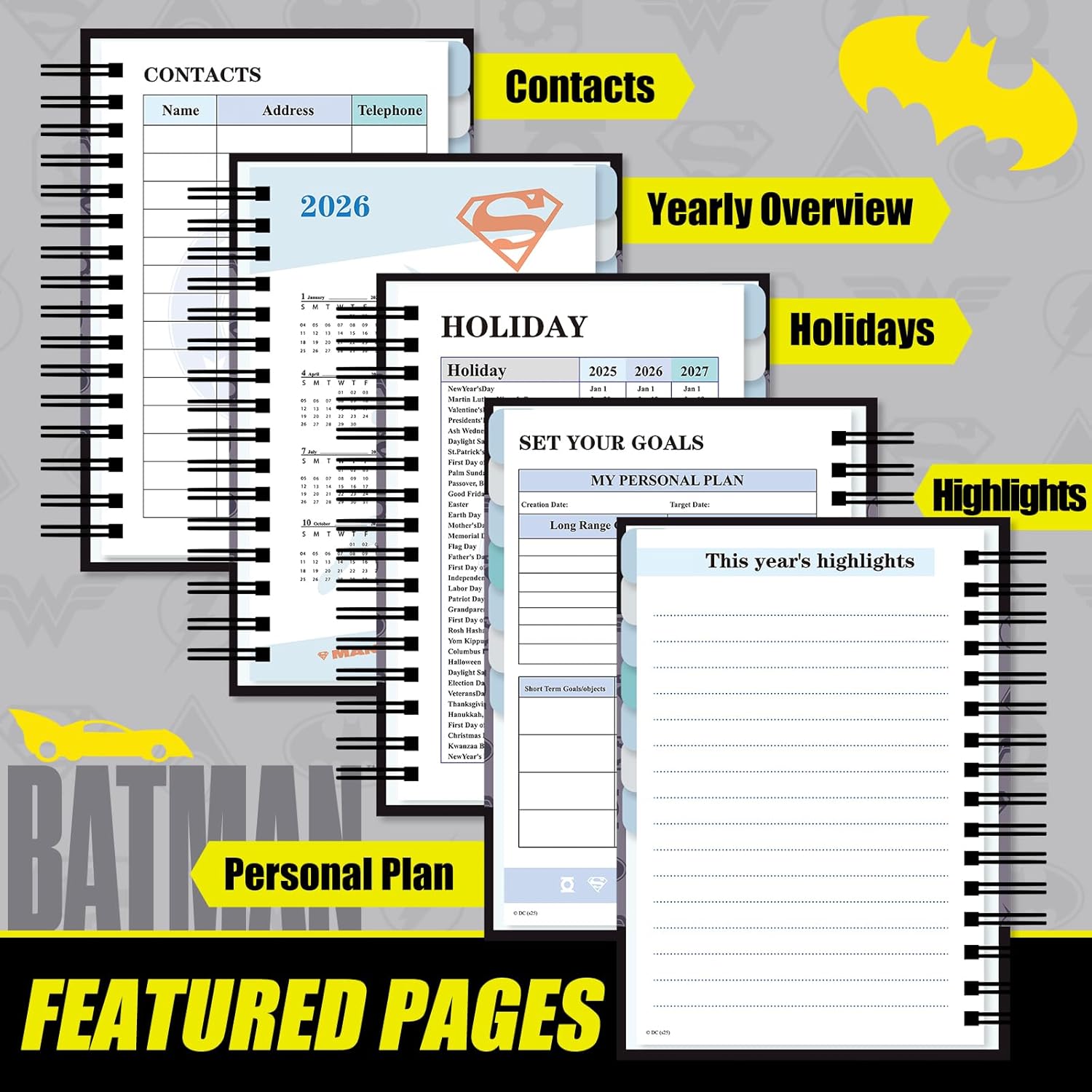 Batman Academic Planner Notebook, Hero Theme Weekly Monthly Daily Agenda, Custom Date Organizer for Time Management, Spiral Bound Planner with Colorful Tabs,Datebooks for Student, Workers (Black and Grey)