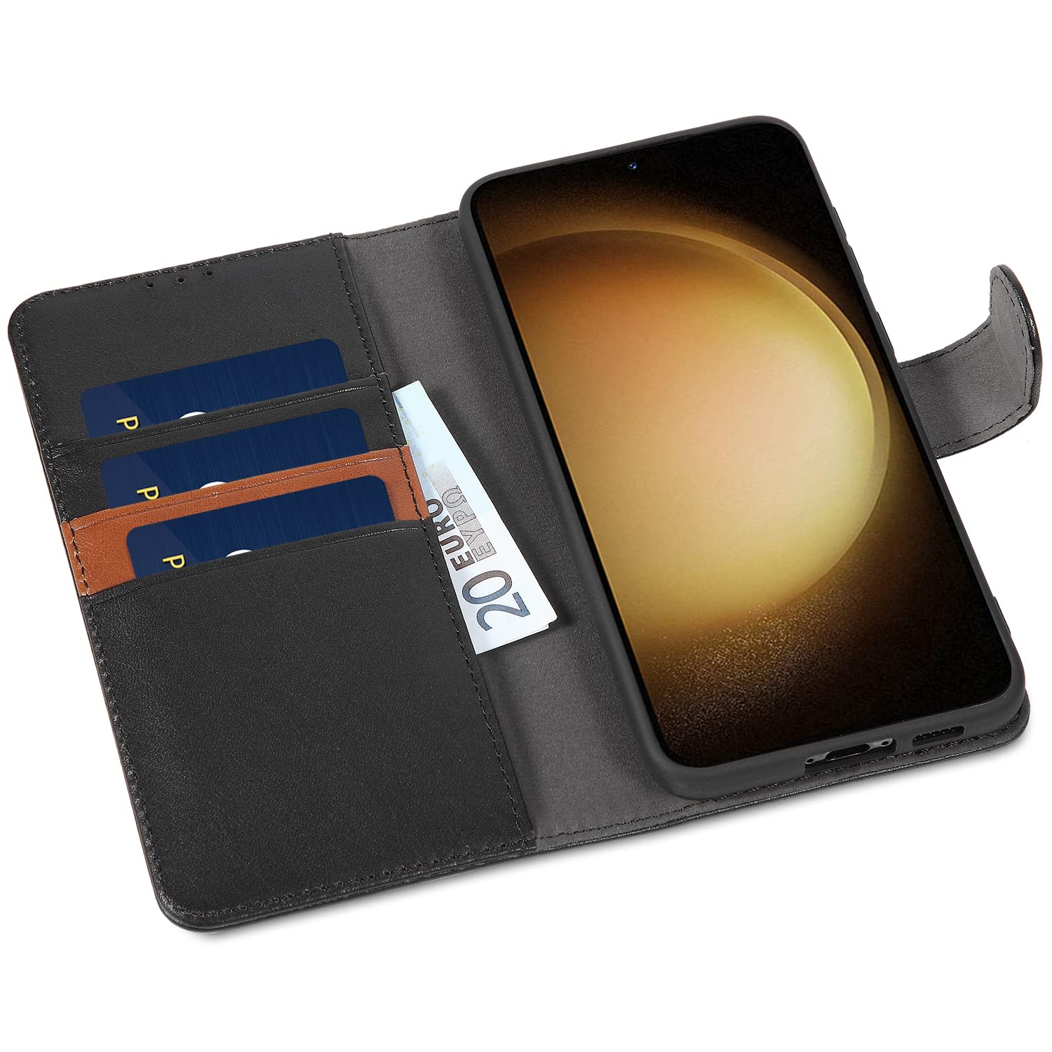 Lensun Cover per Samsung Galaxy S23 Plus 5G, Custodia in Vera Pelle [Supporto Stand] Libro con Portafoglio Chiusura Magnetico Flip Custodie Cuoio – Nero