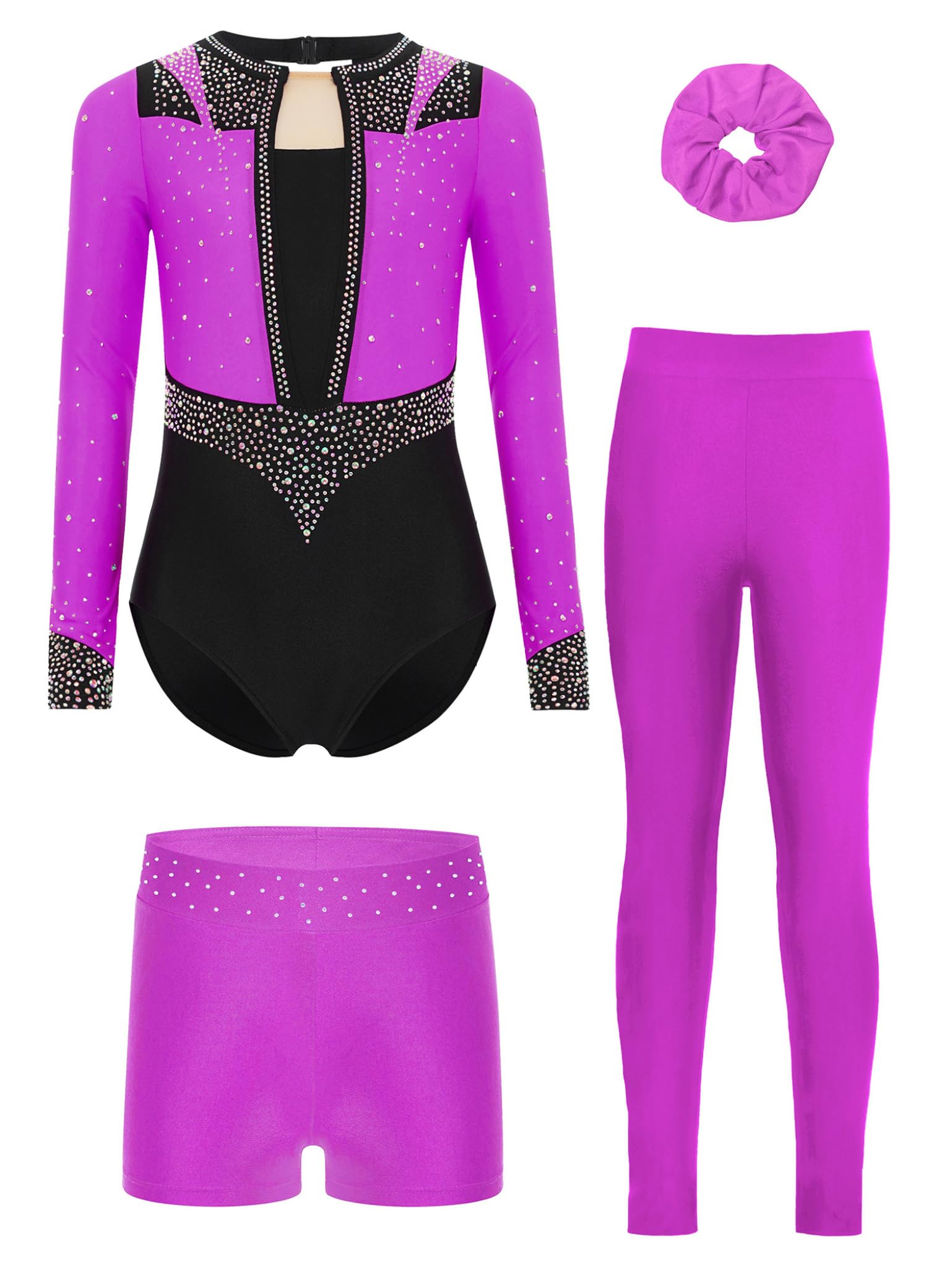 Piezas Traje Gimnasia Niñas Con Brillo Traje Entrenamiento Camiseta Manga Larga Patinaje Artístico Mono Baile