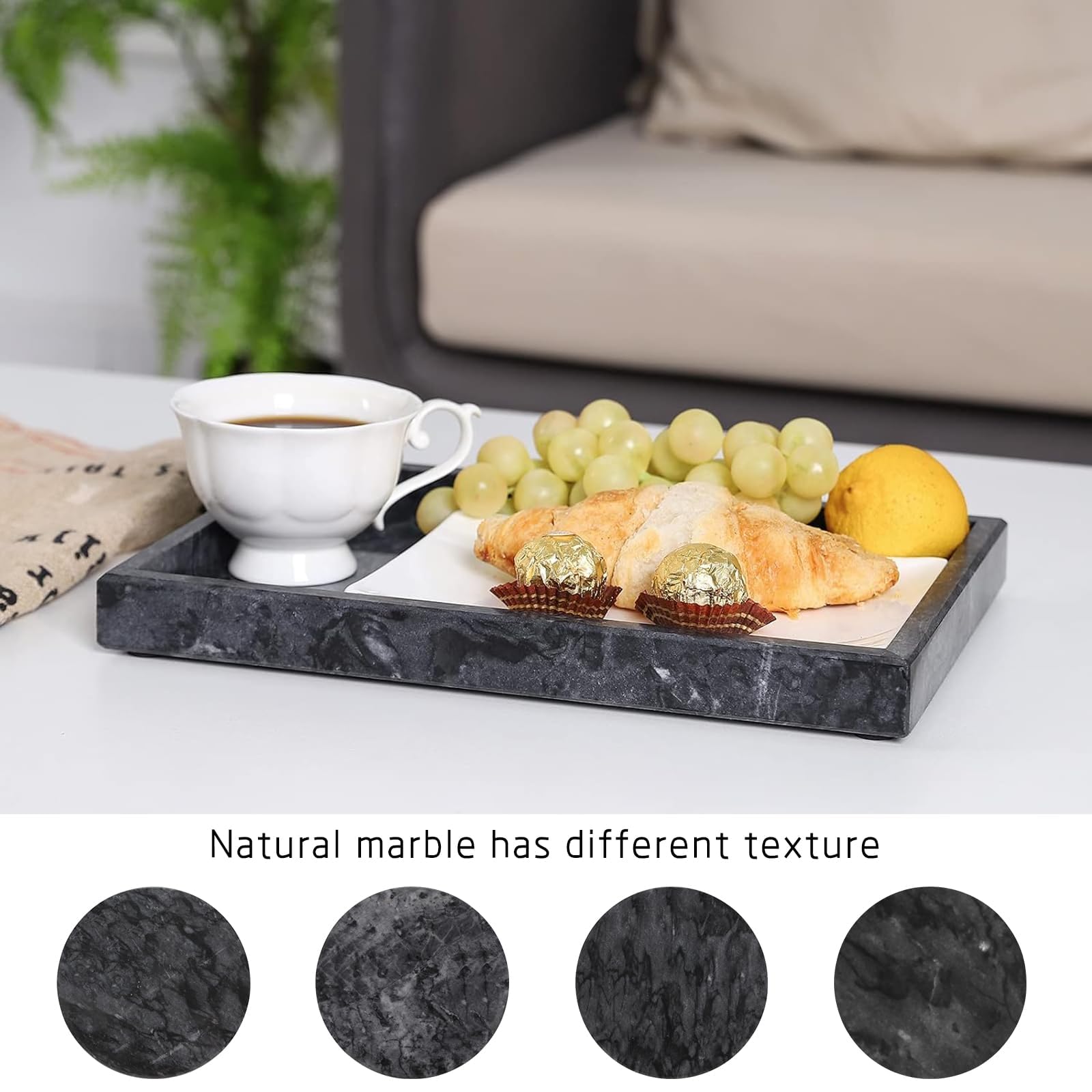 Vassoio Portaoggetti da Bagno Marmo Naturale Svuotatasche Ingresso Versatile Vassoio da Letto Decorazioni Vassoio Soggiorno Cucina Profumi Asciugamano Pianta Candele (Nero, 30 x 20 x 3 cm)