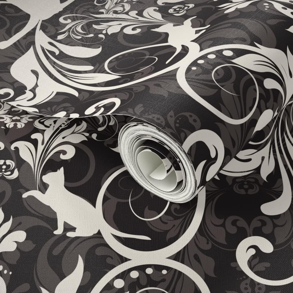 Peel & Stick Wallpaper 3ft x 2ft - Cat Damask Black Cream Victorian Damask Vintage Style Kitty Kitten Custom Removable Wallpaper by Spoonflower
