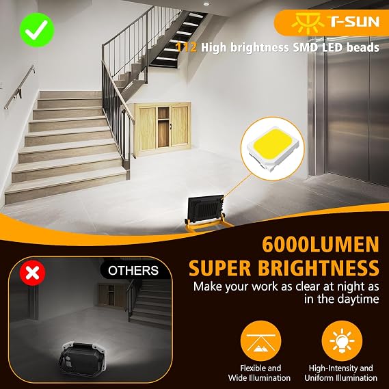 T-SUN 5400Lumen LED Work Light with Stand, 60W Floodlight [Energy Class A]