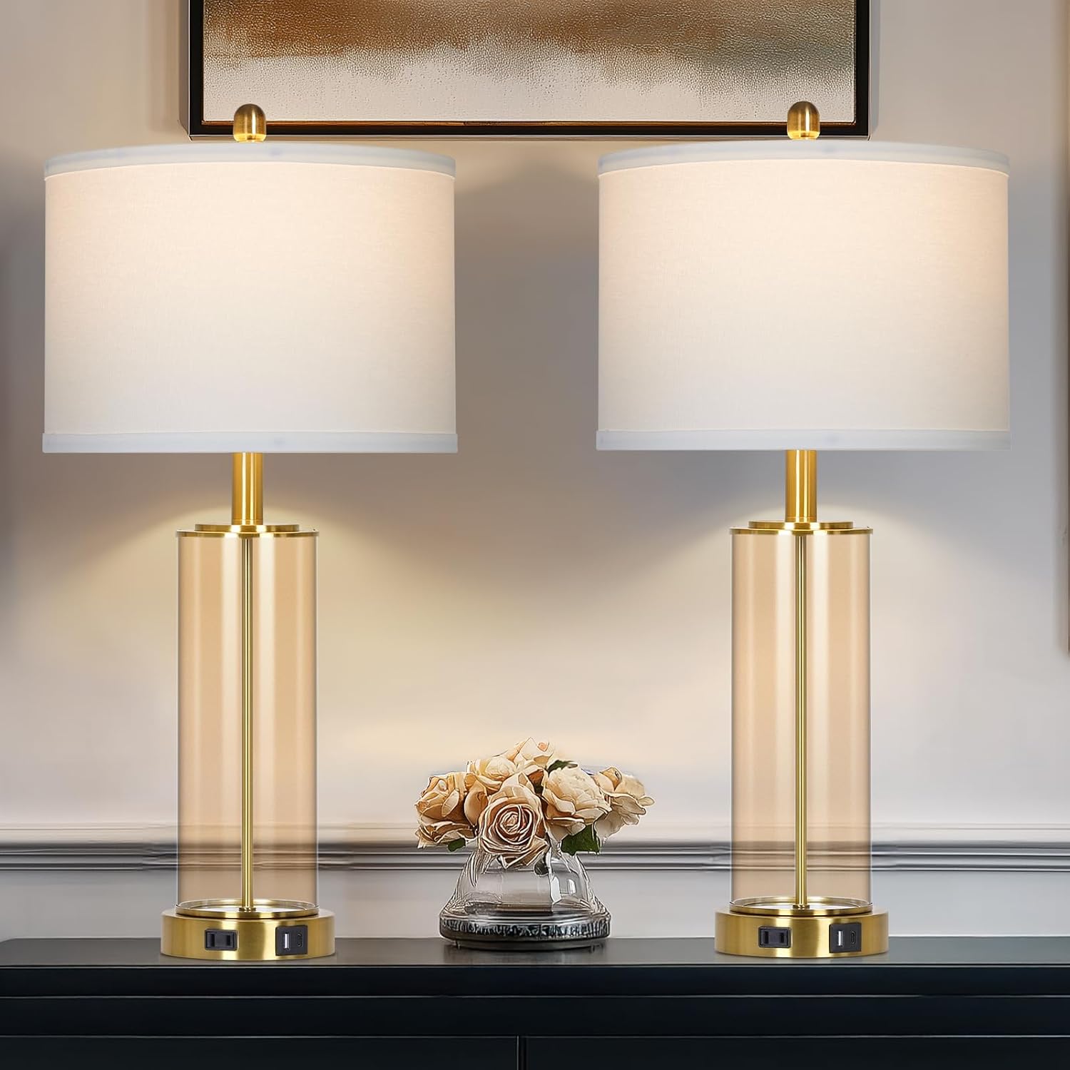 26" Modern Brown Glass Table Lamps Set of 2, Bedside Lamp with USB A+C Ports & AC Outlet, Living Room Lamps with 3-Way Dimmable Touch Control, Stylish Bedside Lamp for Bedroom Nightstand Dining Table image 2