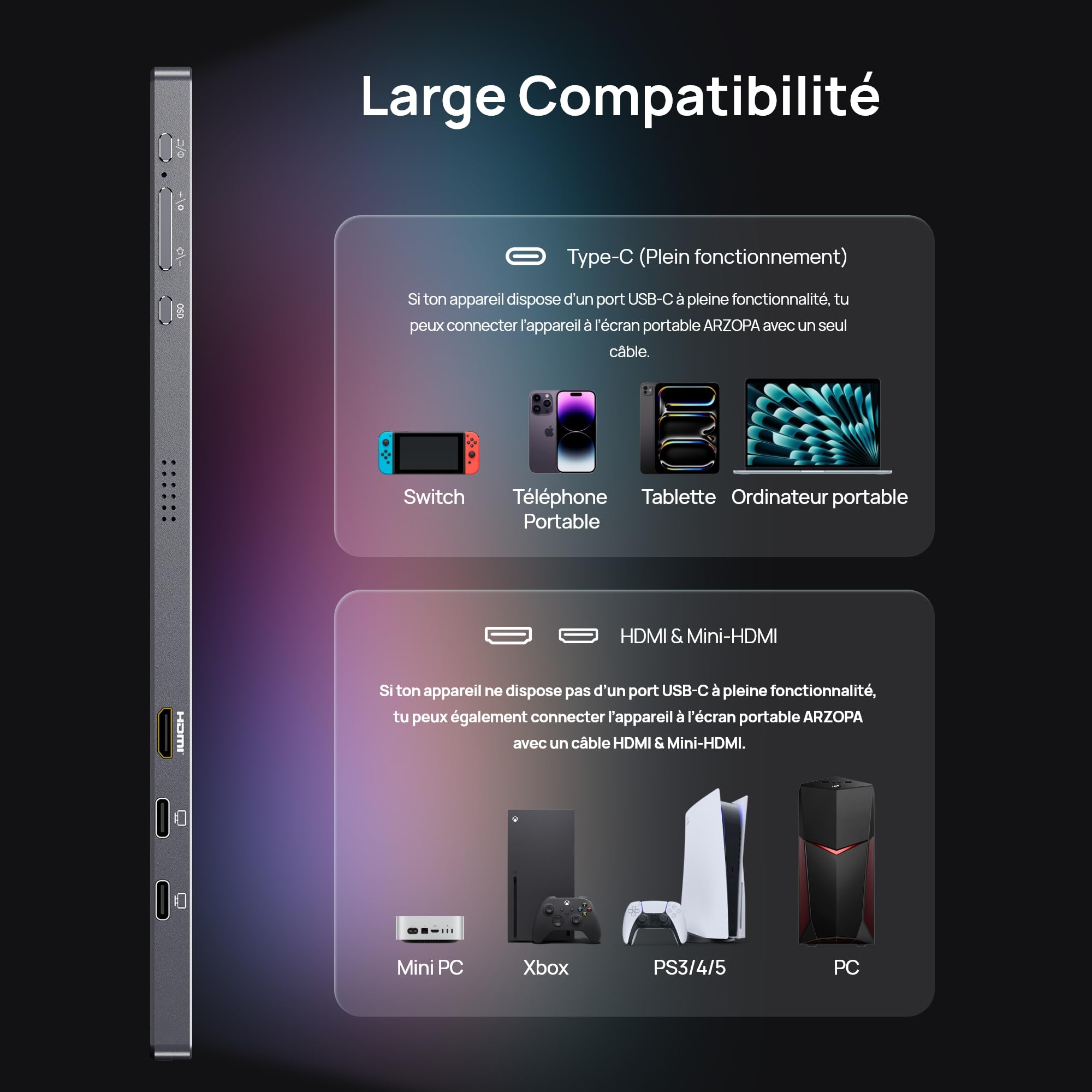 ARZOPA Moniteur Portable 16,1" 2,5K 180 Hz Écran Portable Gaming QHD 2560×1440 107% sRGB HDR10,Design Mince, Compatible PS5, Xbox, Switch, PC, Mac - Z3FC Gris