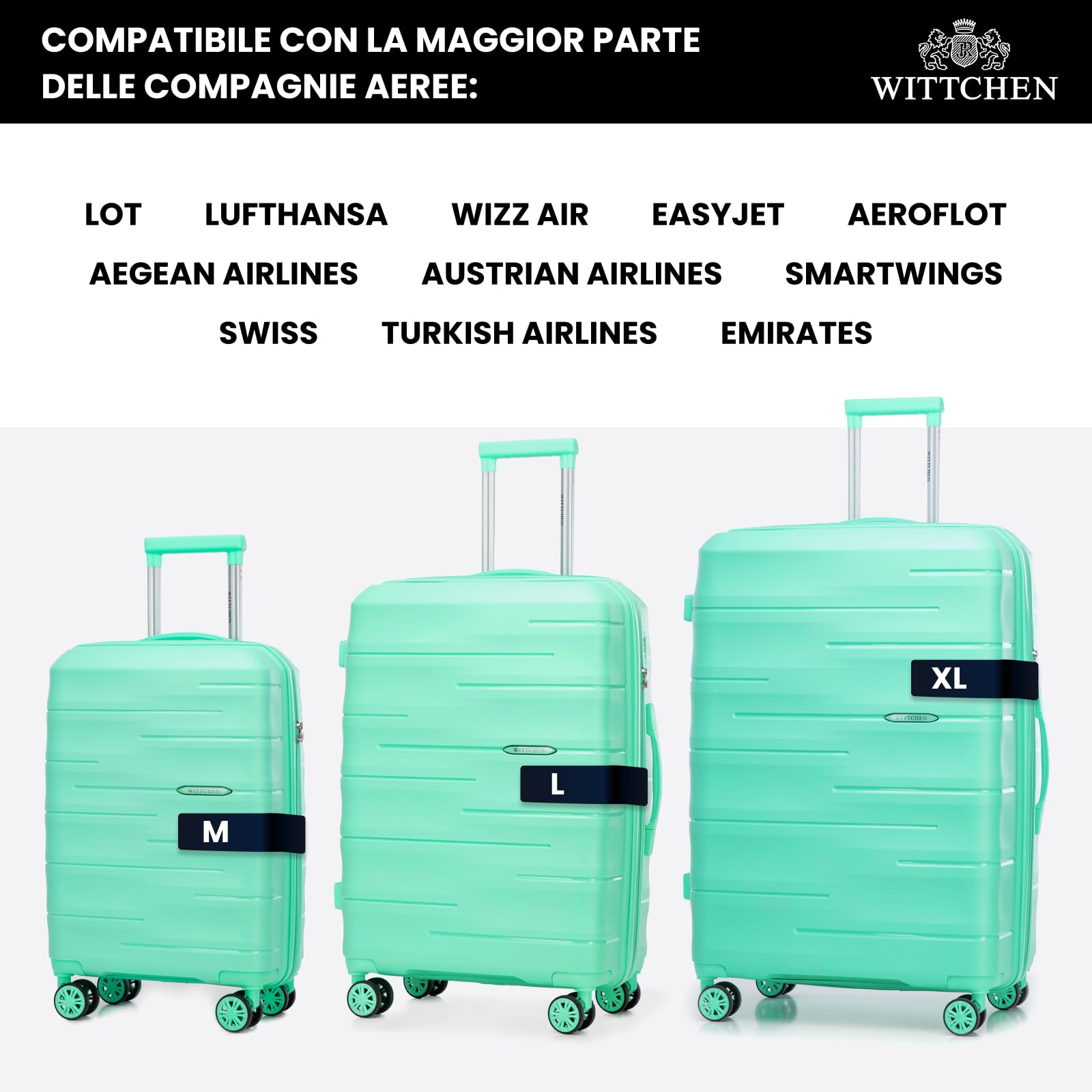 WITTCHEN ARCO Line | Trolley da cabina Bagaglio a mano Valigia piccola | Bagaglio leggero Polipropilene Lucchetto TSA Manico telescopico | 4 ruote piroettanti | Verde