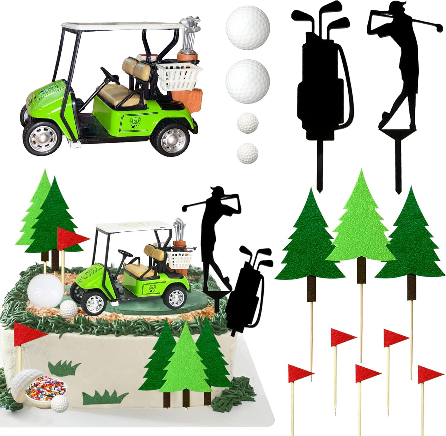 Danduolai15pcs Green Golf Cake Decoration Set with Cart Flag Golf Ball for Men Sport Golf Theme Birthday Party Supply