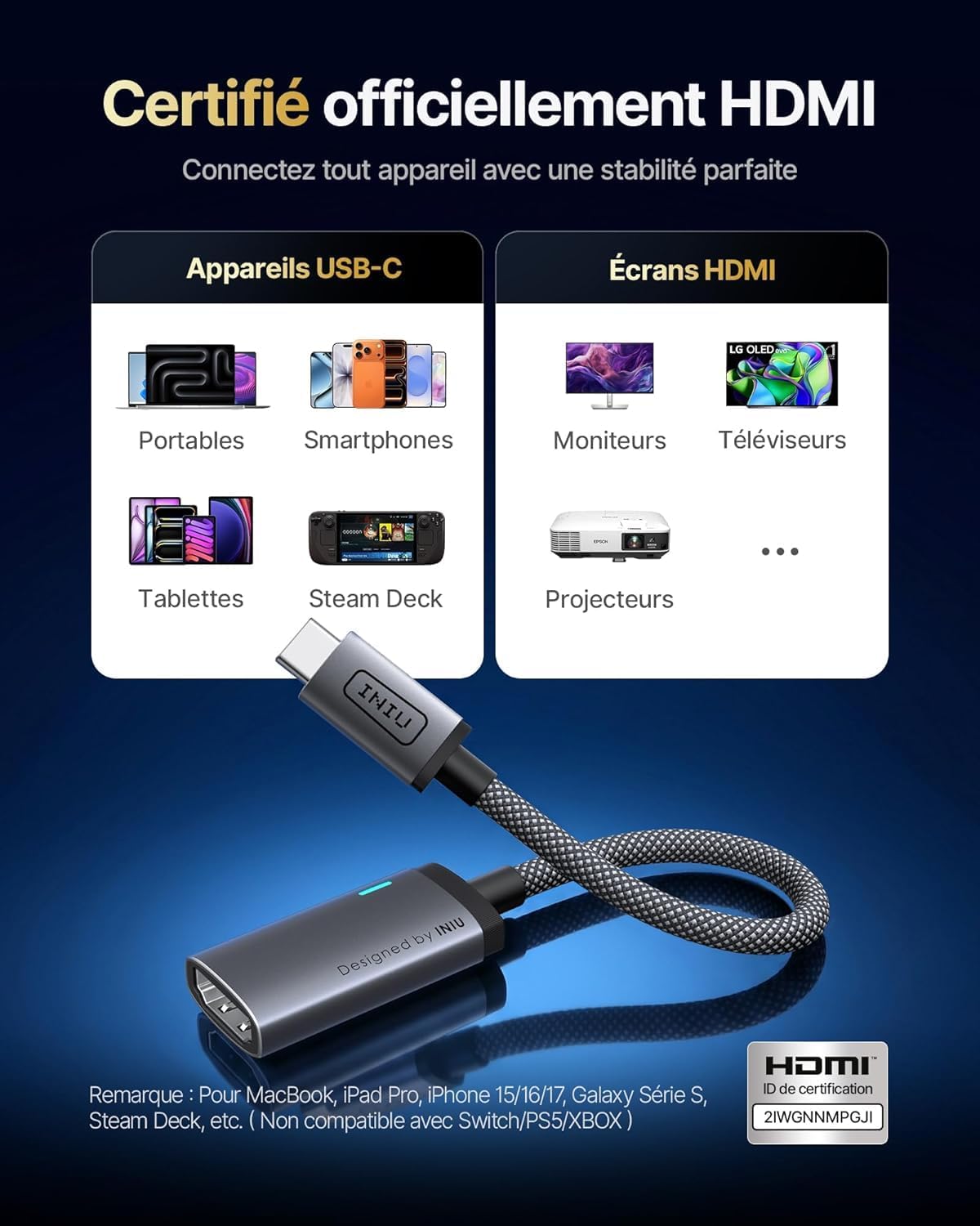 INIU Adaptador USB C a HDMI, Certificación HDMI Oficial con LED Inteligente, 4K@60Hz Compatible con Puertos Thunderbolt 3/4, MacBook Neo iMac Portátil iPad iPhone Samsung Steam Deck HDR Blanco 3