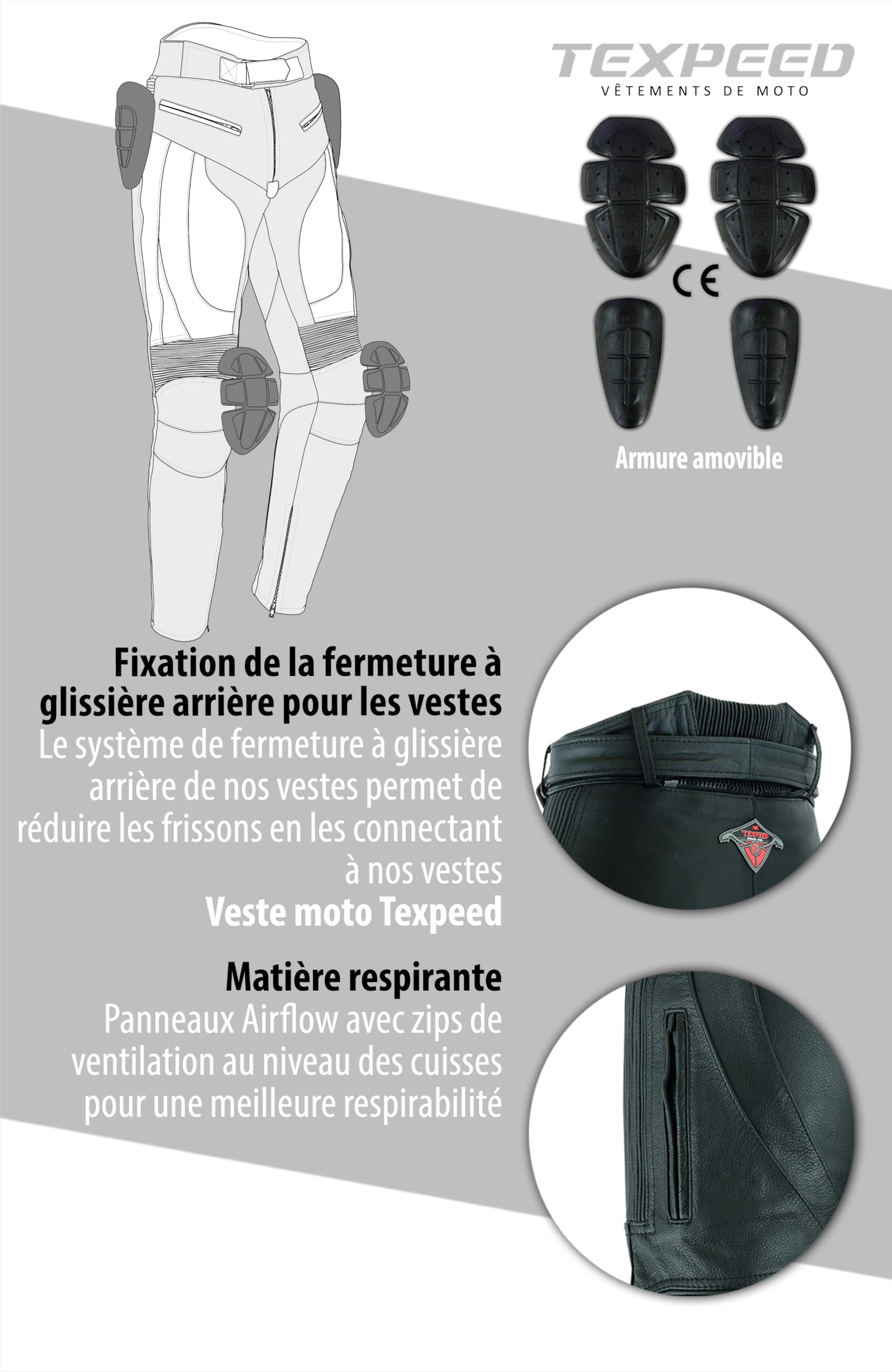 Texpeed Pantalon moto hommes - De tourisme en cuir pour Moto Cruiser avec protection authentique biker CE armor (EN 1621-1) Noir - (L Taille/Jambe Courte)