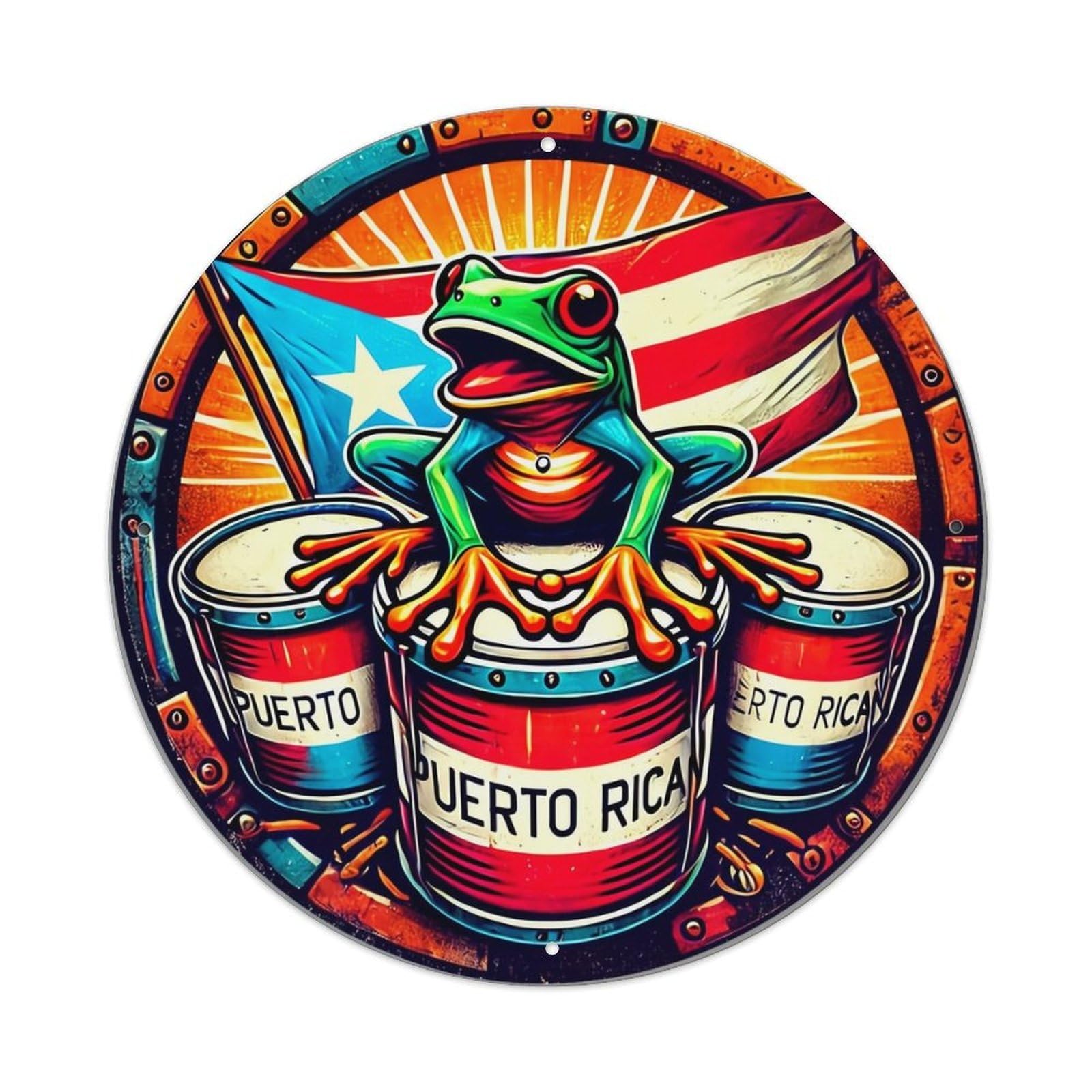 Frog Flag Drums Puerto Rico Retro Metal Sign Round Tin Sign, Vintage Decor Art Poster for Bar, Home, Man Cave, Kitchen, Laundry Room Gift 8x8Inch