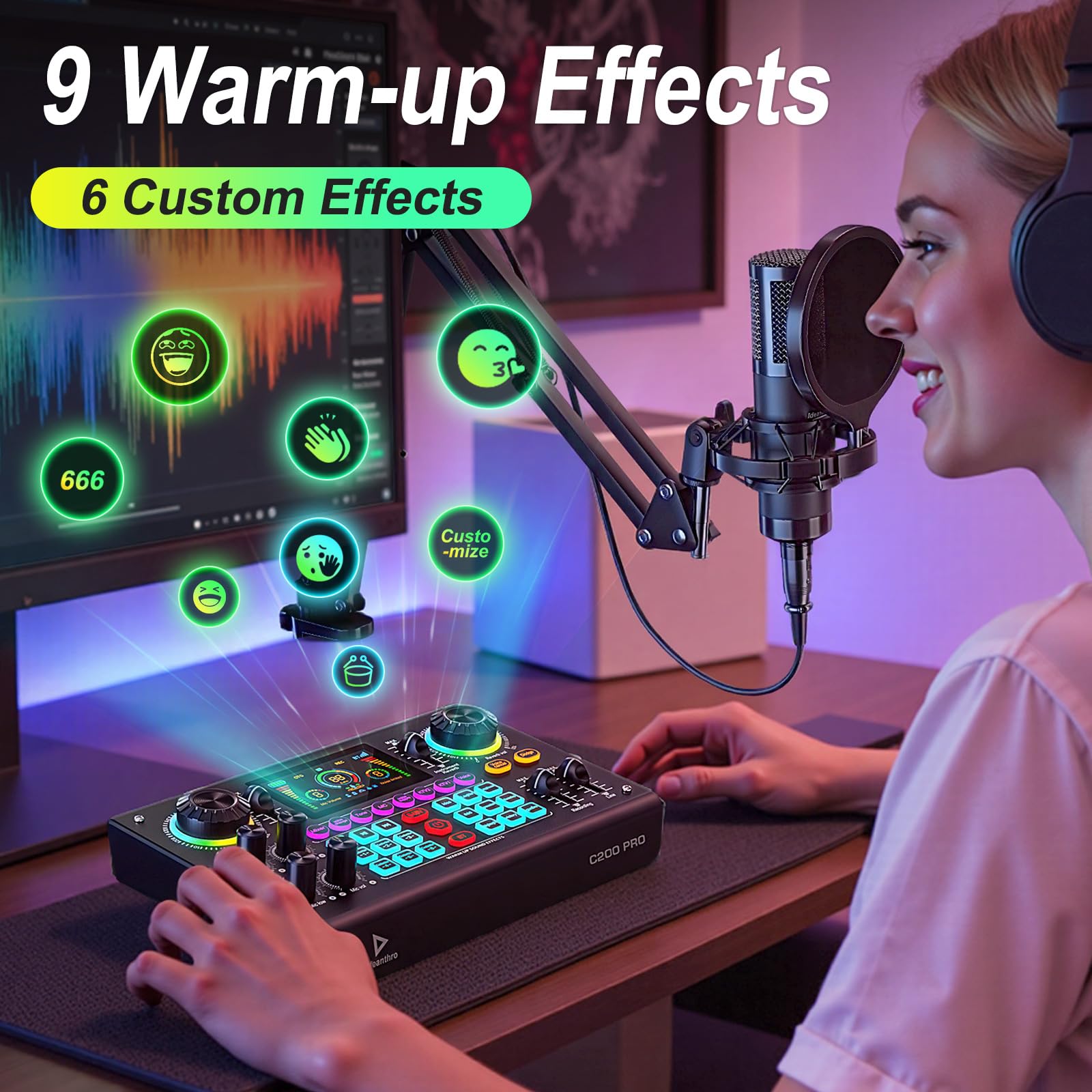 Professional Podcast Bundle with DSP Sound Card and Audio Mixer, 3.5mm Condenser Microphone for Live Streaming, Singing, Recording, and Gaming – Voice Changer, Noise Reduction