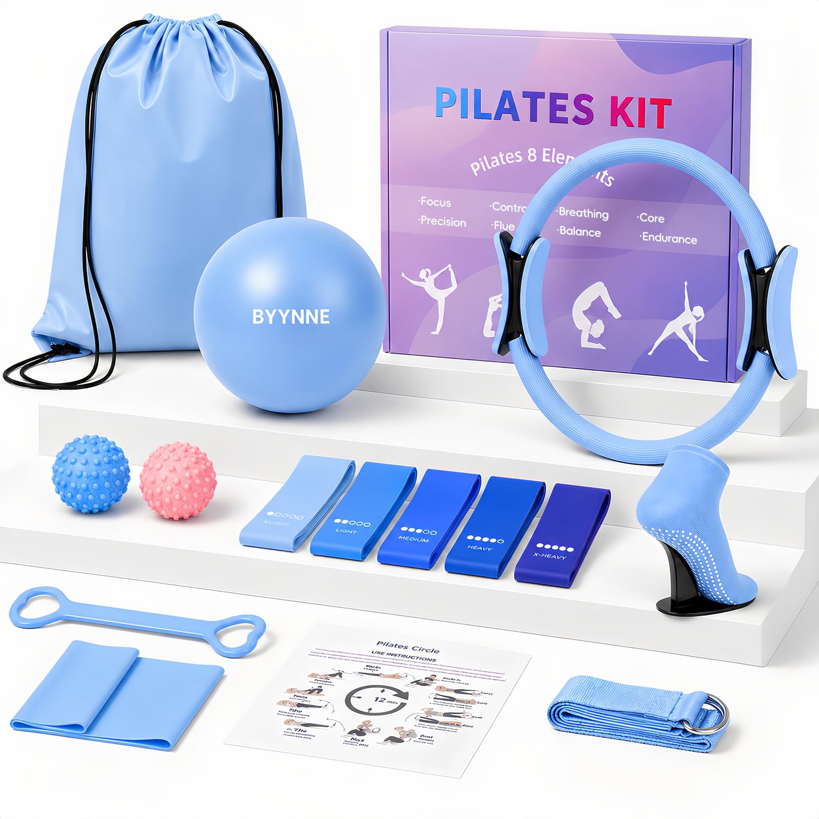 Zestaw do pilatesu domowego dla kobiet – 14 szt. zestaw sprzętu do pilatesu z pierścieniem do pilatesu i piłką, 5 opaskami oporowymi itp., akcesoria dla początkujących, treningi domowe, zawiera