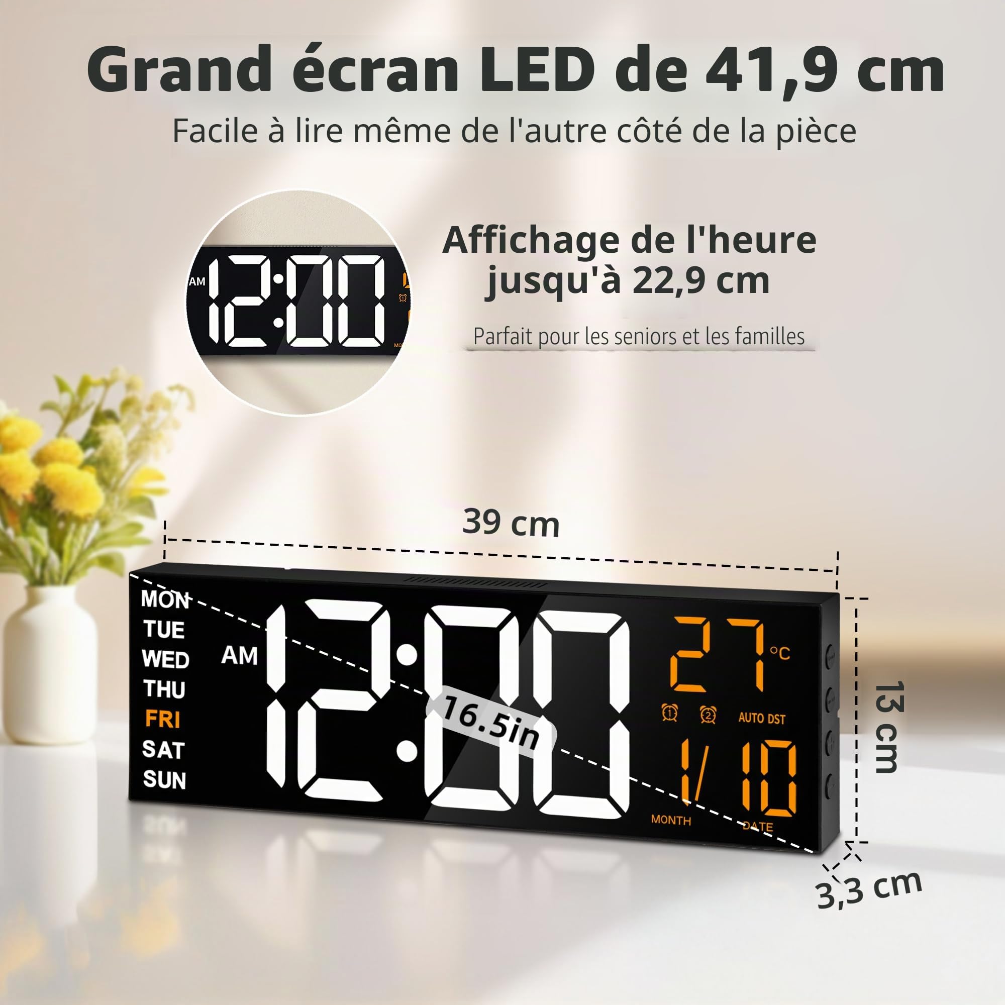 Horloge Numérique Murale 16,5" avec Minuteur, Lumière Nocturne, 2 Réveils, 8 Couleurs RGB, Réglage Auto de la Luminosité, Température, Date, 24/12 Heure pour le Salon, Chambre, Bureau, Seniors